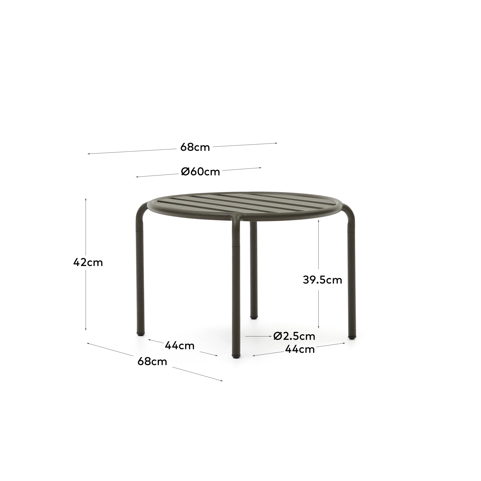 Joncols outdoor aluminium side table with powder coated green finish, Ø 60 cm - Measurements