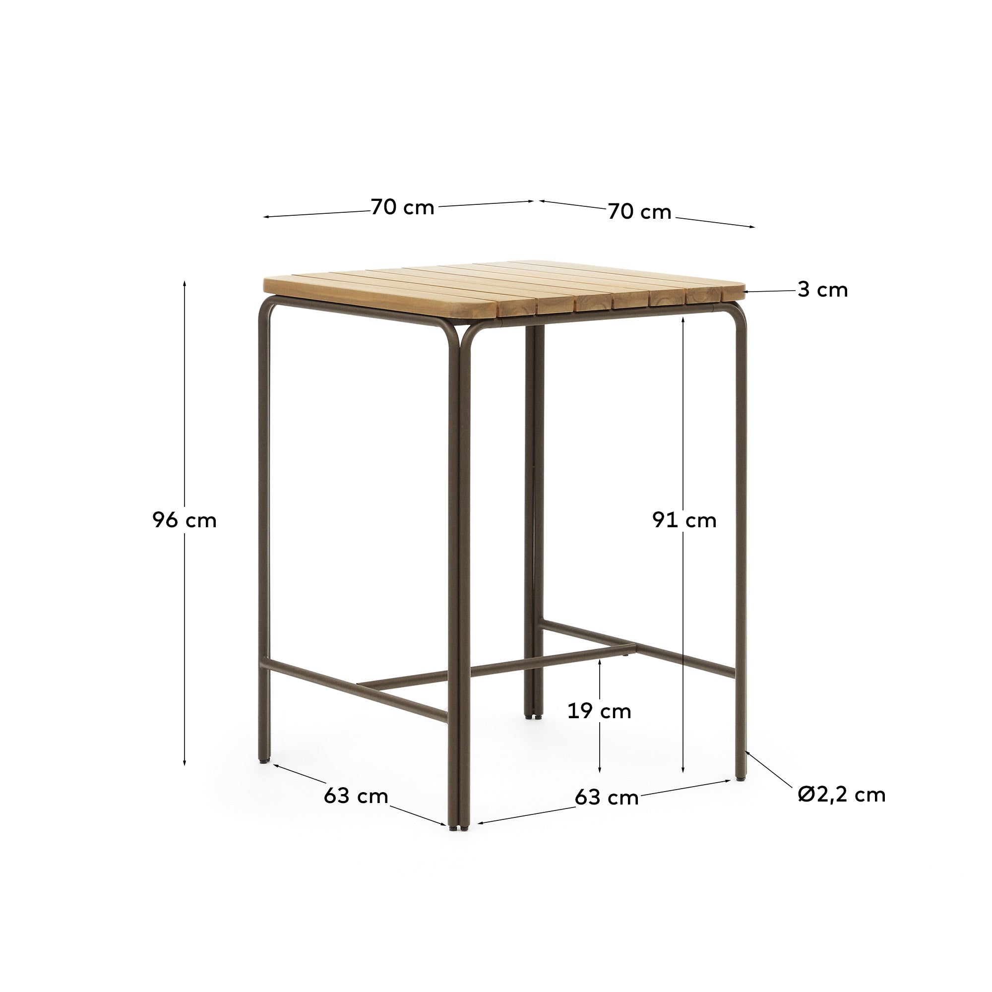 Salguer solid acacia & brown steel bar table, outdoor suitable, 70 x 70 cm FSC 100% - Measurements