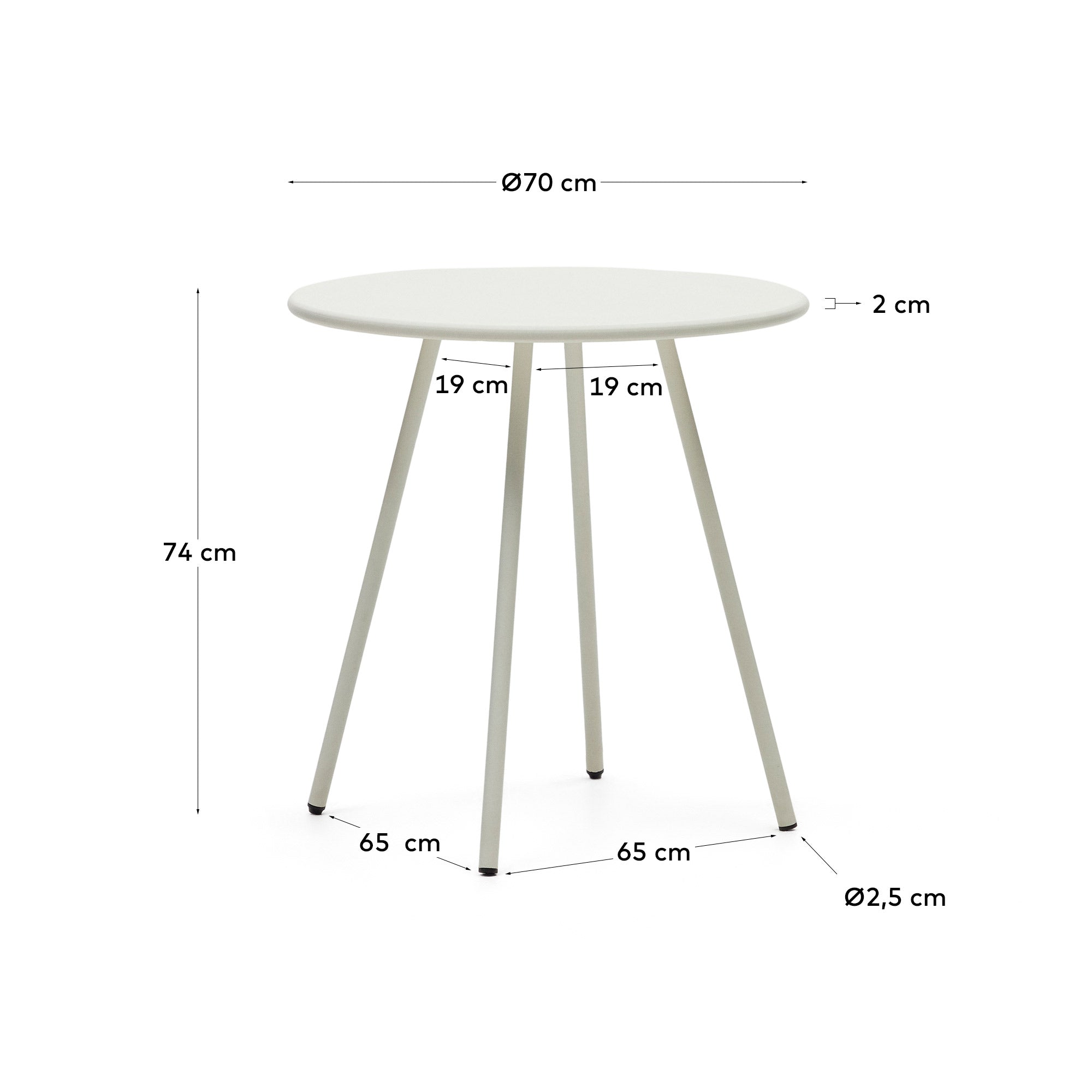 Montjoi round outdoor table in steel with a white finish, Ø 70 cm - Measurements