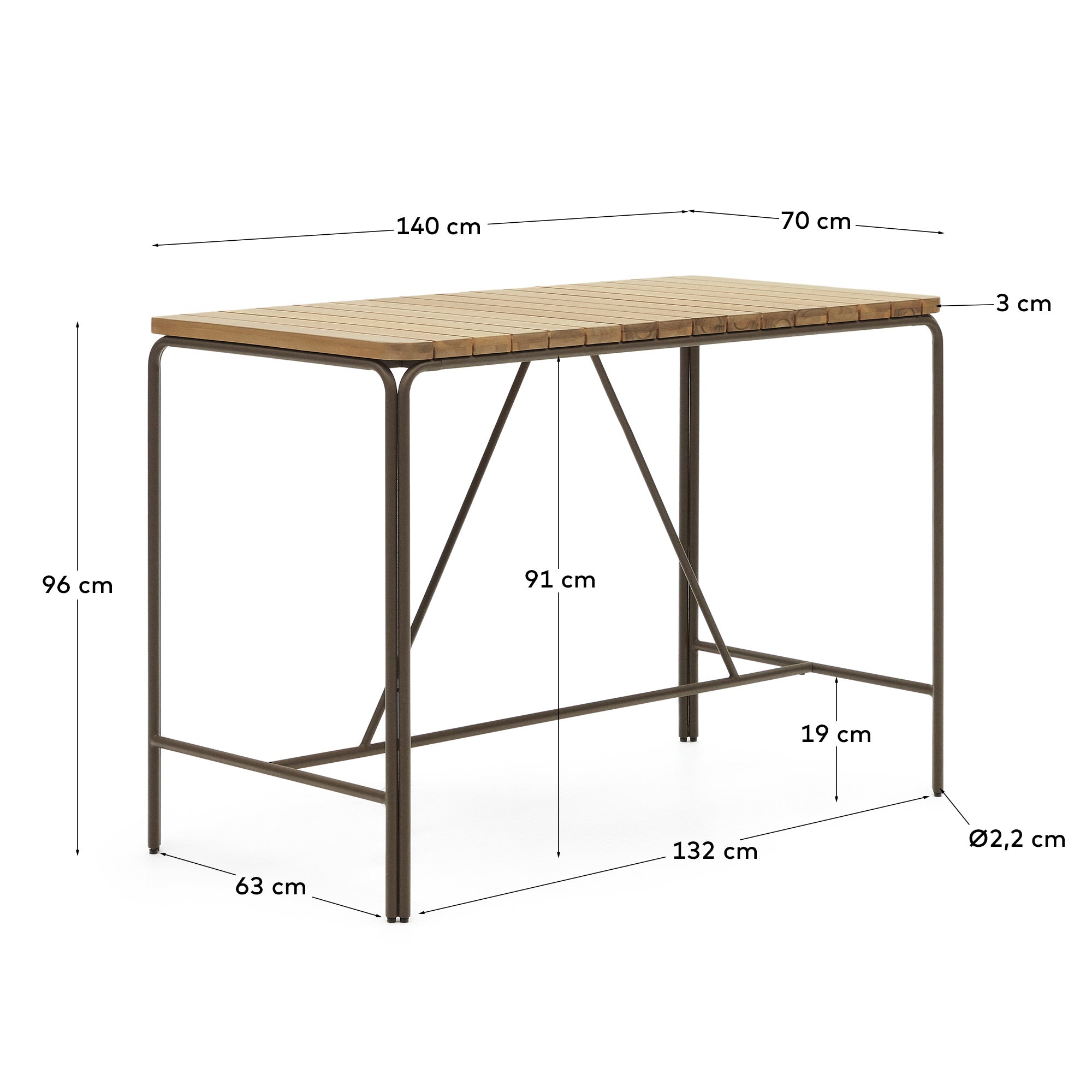 Salguer solid acacia & brown steel bar table, outdoor suitable, 140 x 70 cm FSC 100% - Measurements