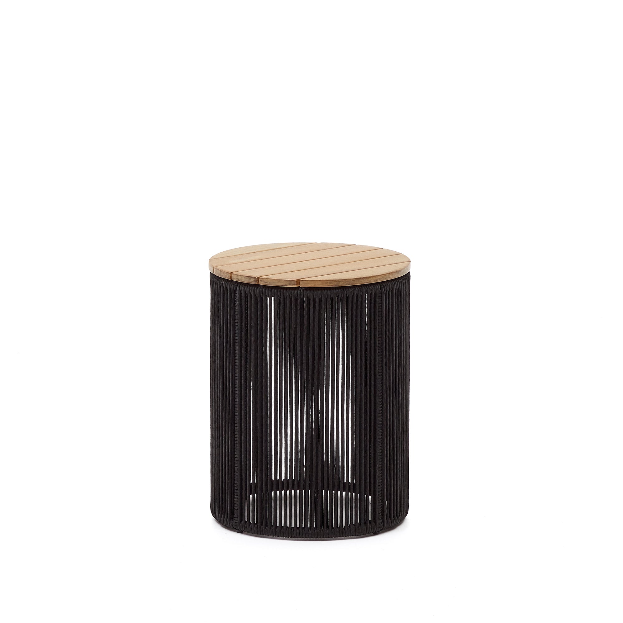 Dandara kávézóasztal acélból, fekete kötéllel és 100% FSC minősített szilárd akáciafából, Ø40 cm