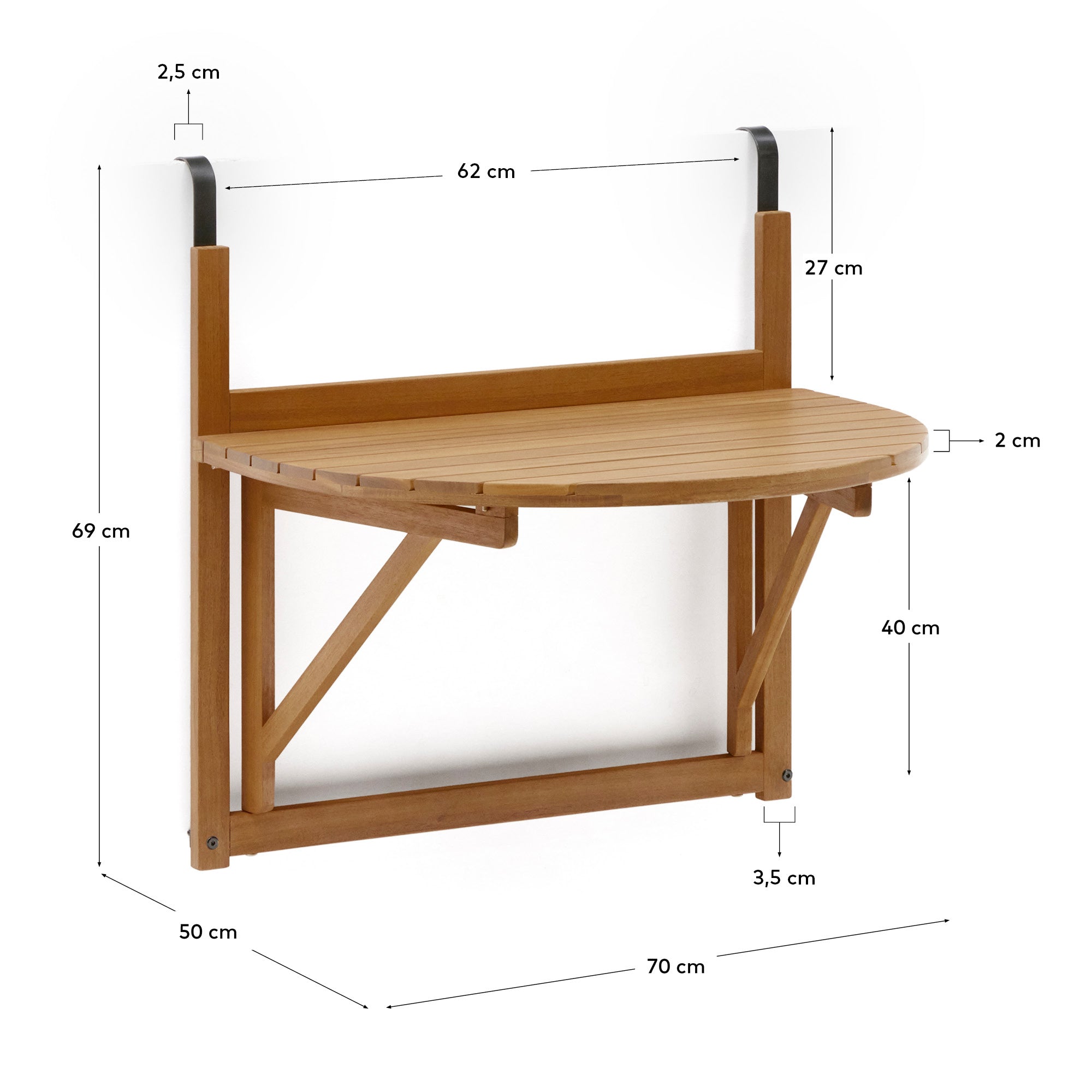 Amarilis folding balcony table made from solid acacia wood, 50 x 70 cm FSC 100% - Measurements
