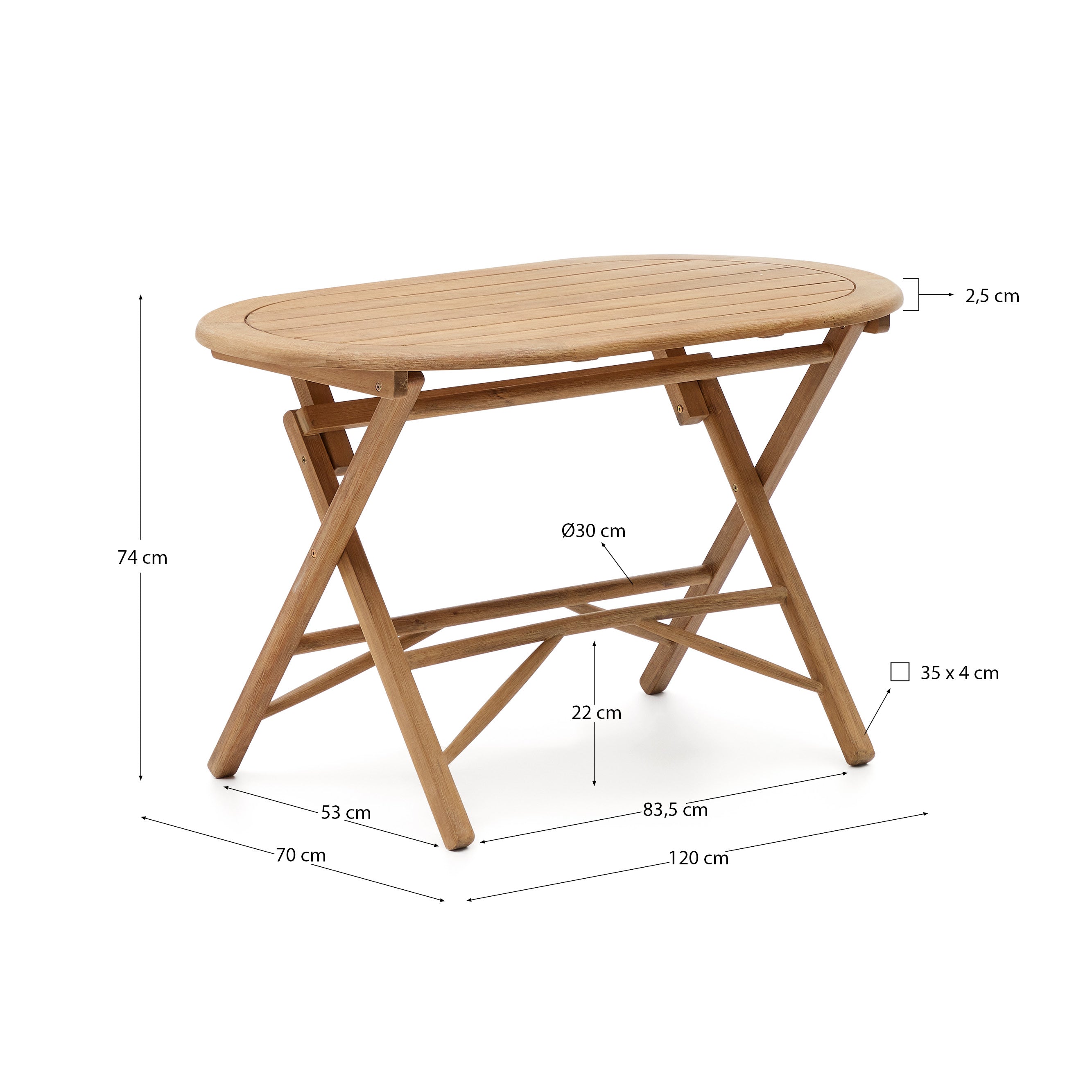 Dandara folding table in solid acacia wood natural finish, Ø 120 x 60 cm FSC 100% - Measurements