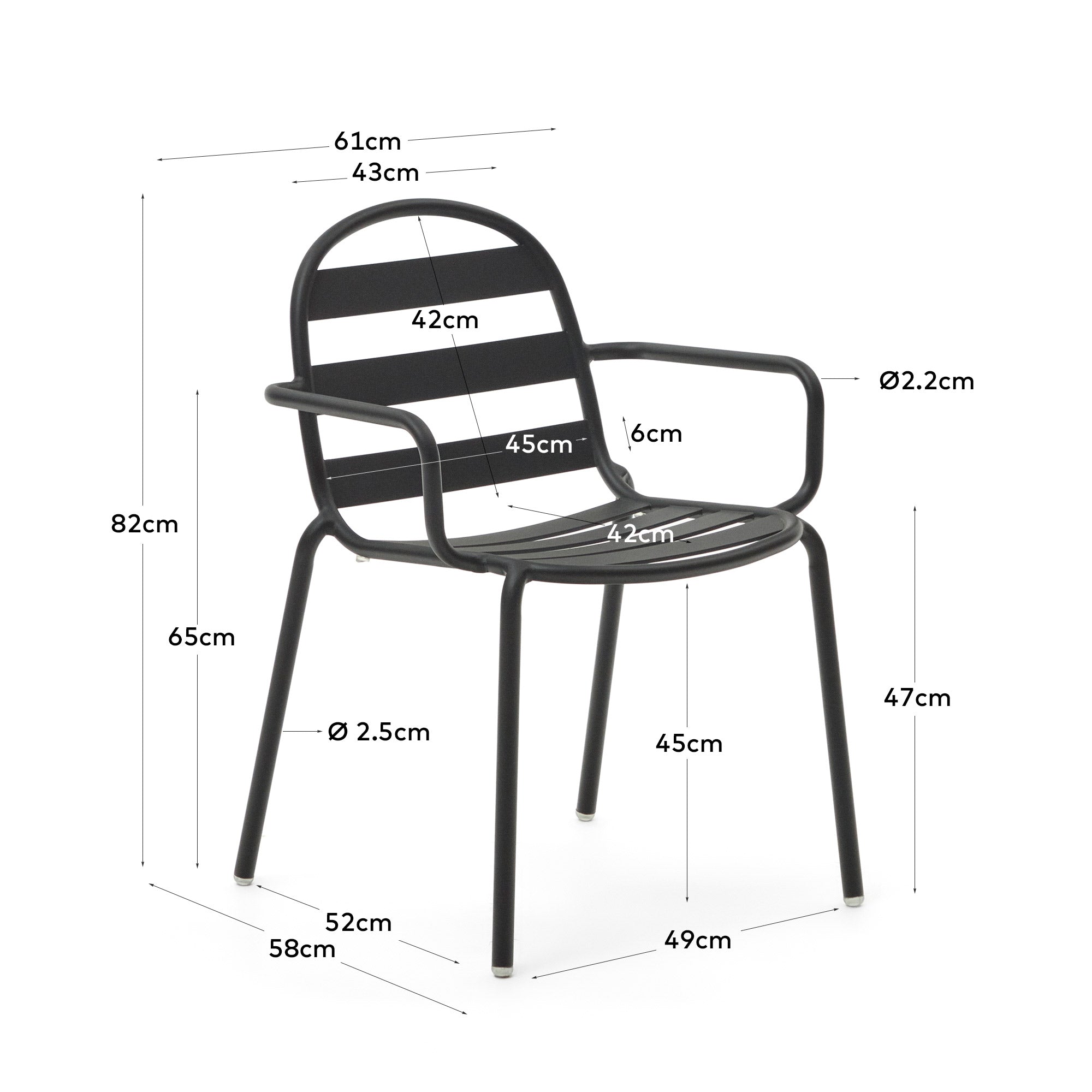 Joncols stackable outdoor aluminium chair with a powder coated grey finish - Measurements