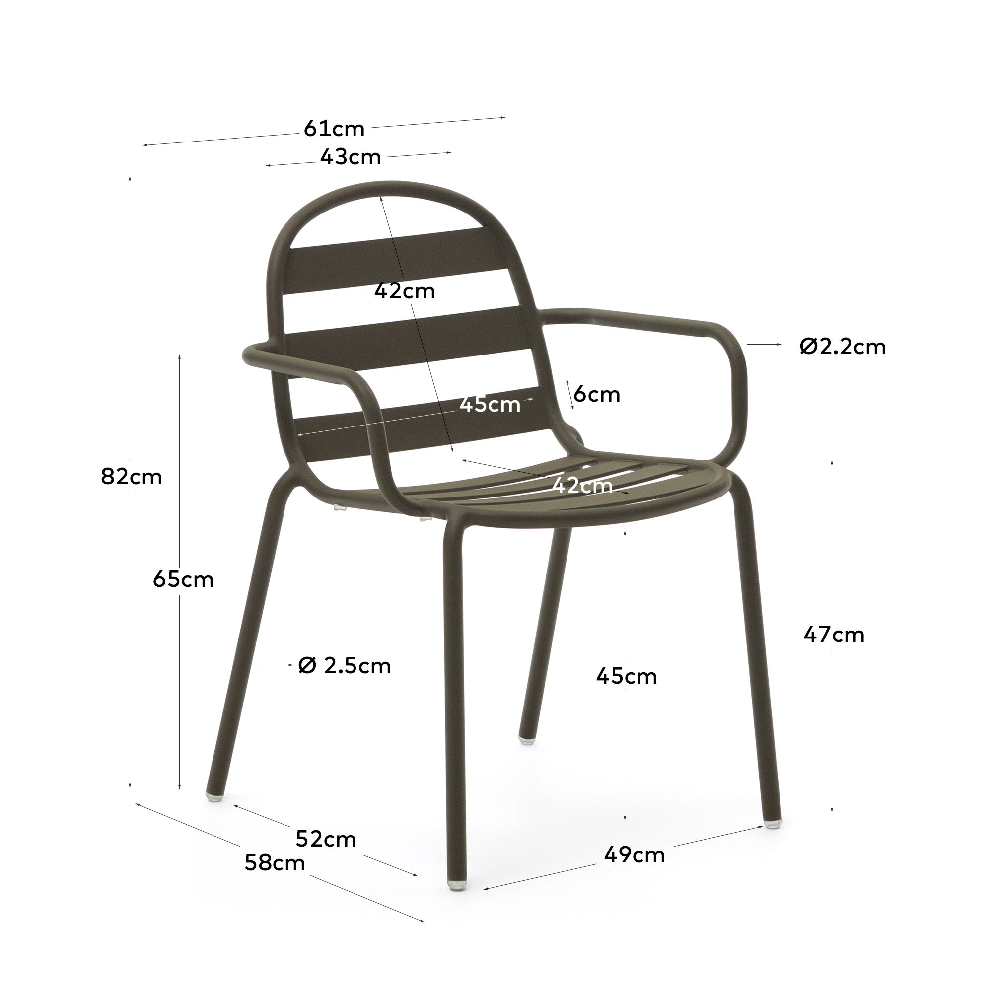 Joncols stackable outdoor aluminium chair with a powder coated green finish - Measurements