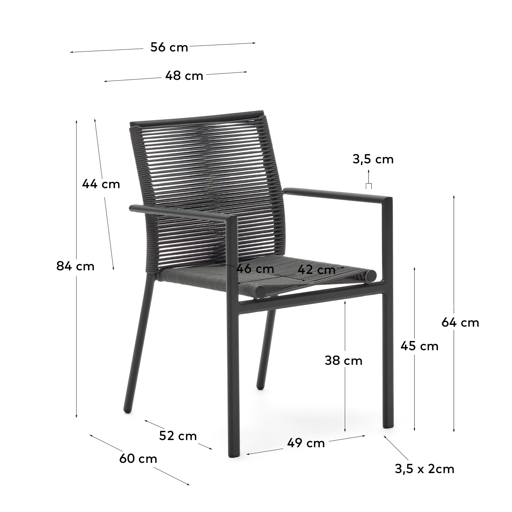 Culip aluminium and cord stackable outdoor chair in grey - Measurements