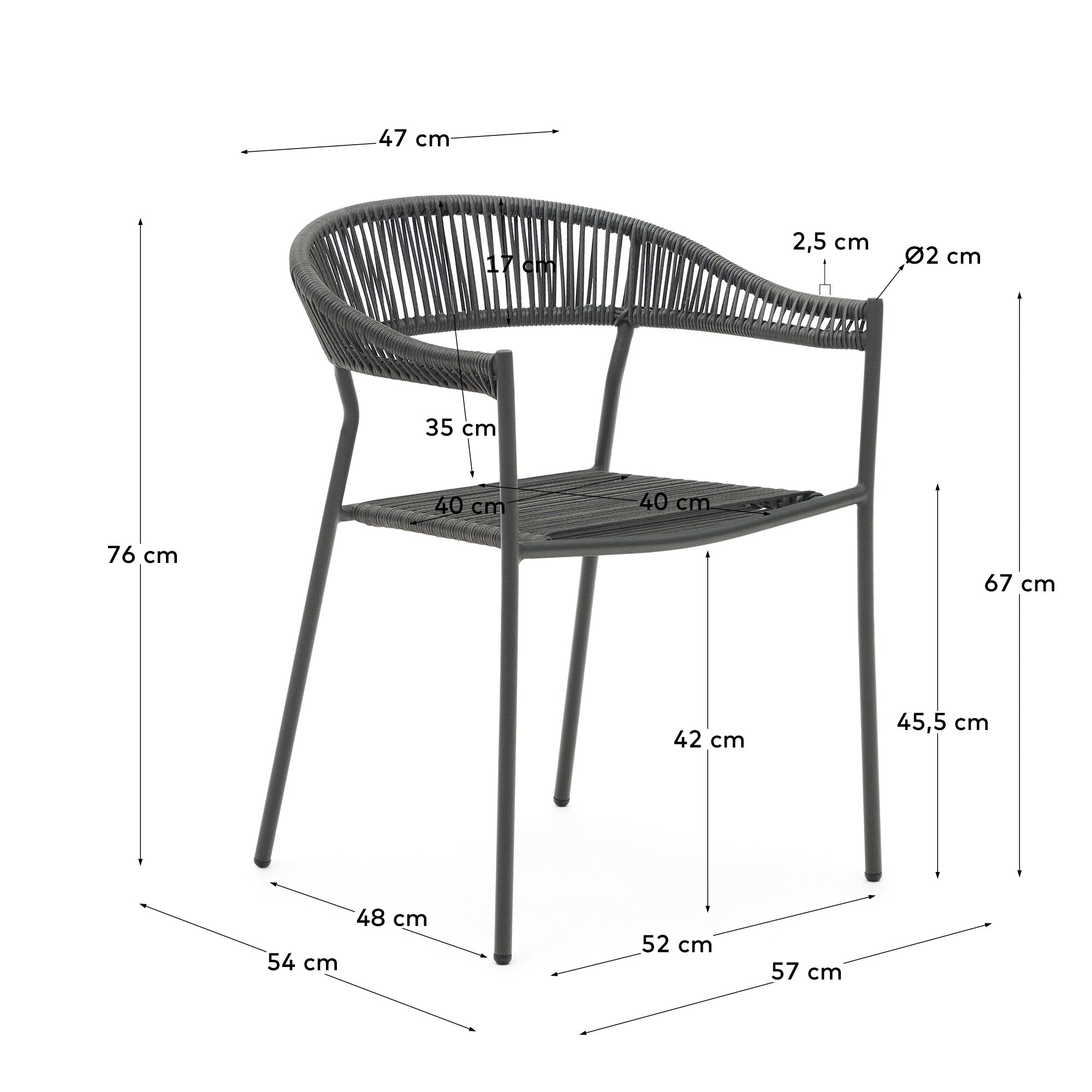 Futadera stackable outdoor chair in grey synthetic cord and grey painted steel - Measurements