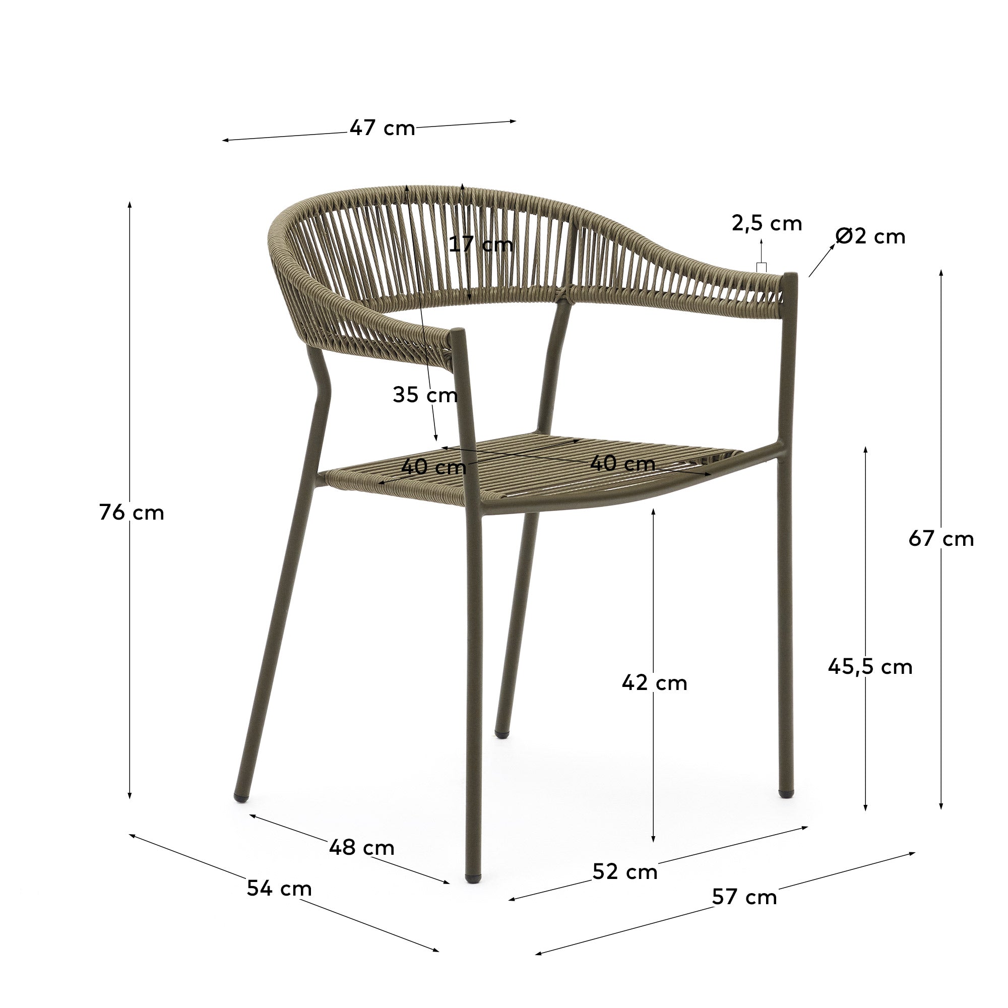 Futadera stackable outdoor chair in green synthetic cord and green painted steel - Measurements