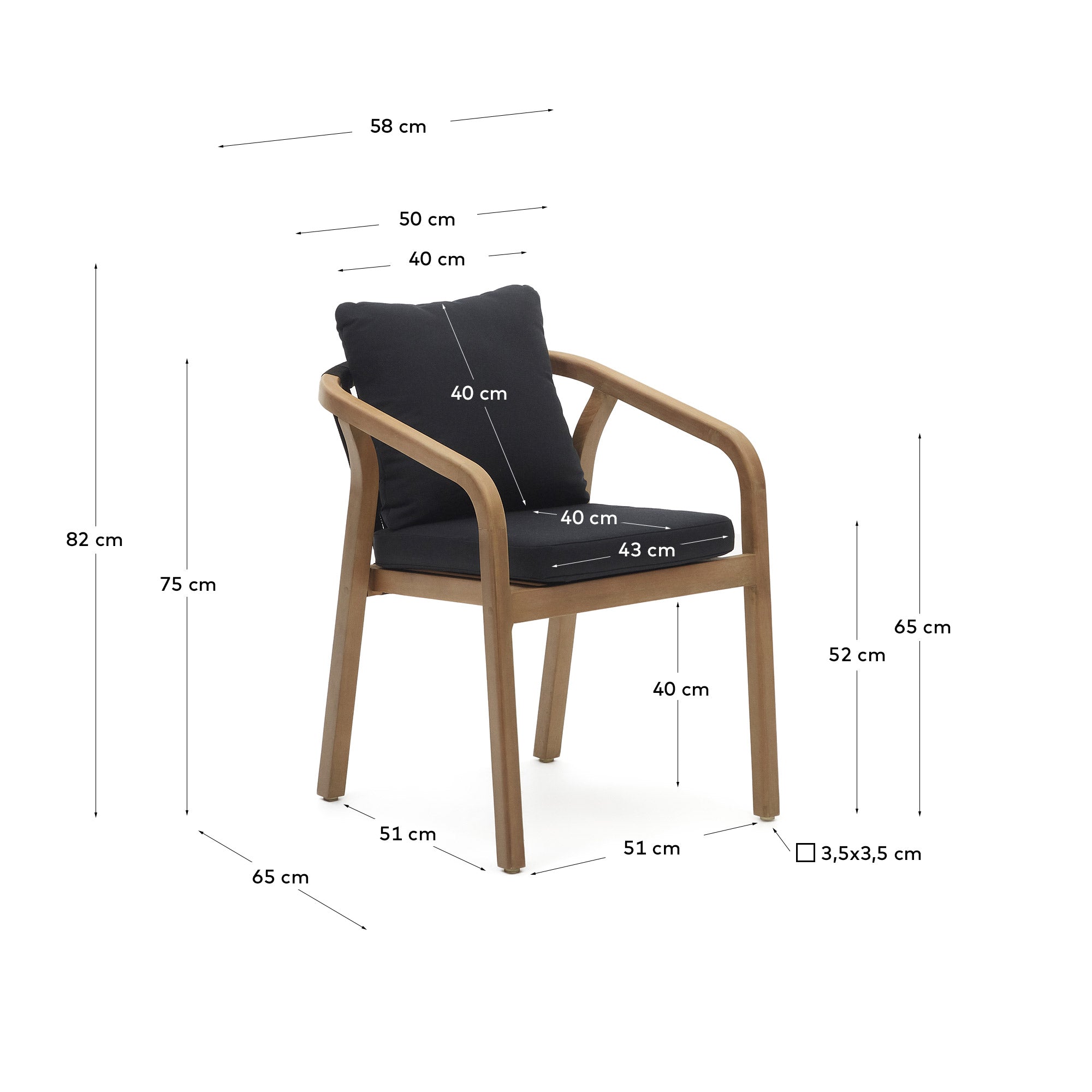 Malaret stackable chair in solid eucalyptus and black cord, FSC - Measurements