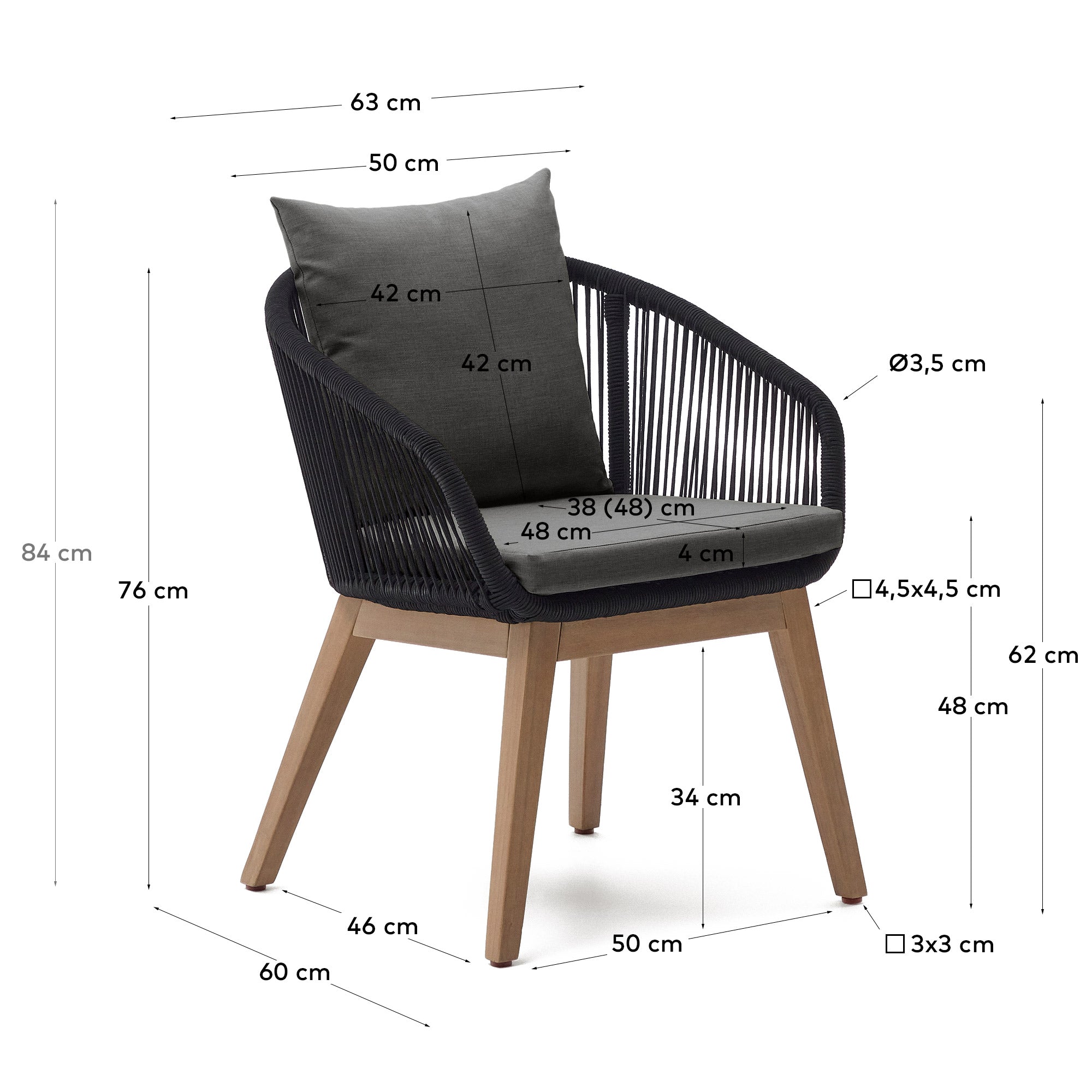 Portalo chair in black cord with solid acacia wood legs - Measurements