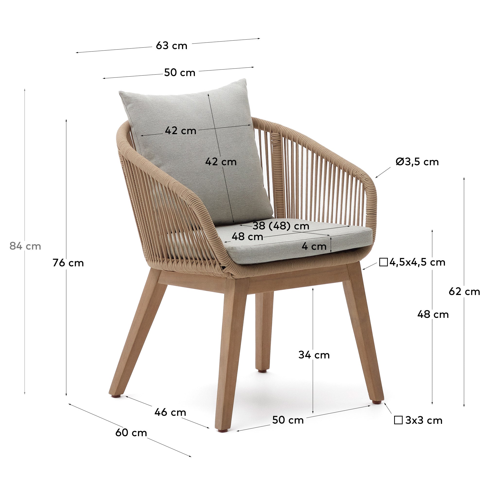 Portalo chair in beige cord with solid acacia wood legs - Measurements