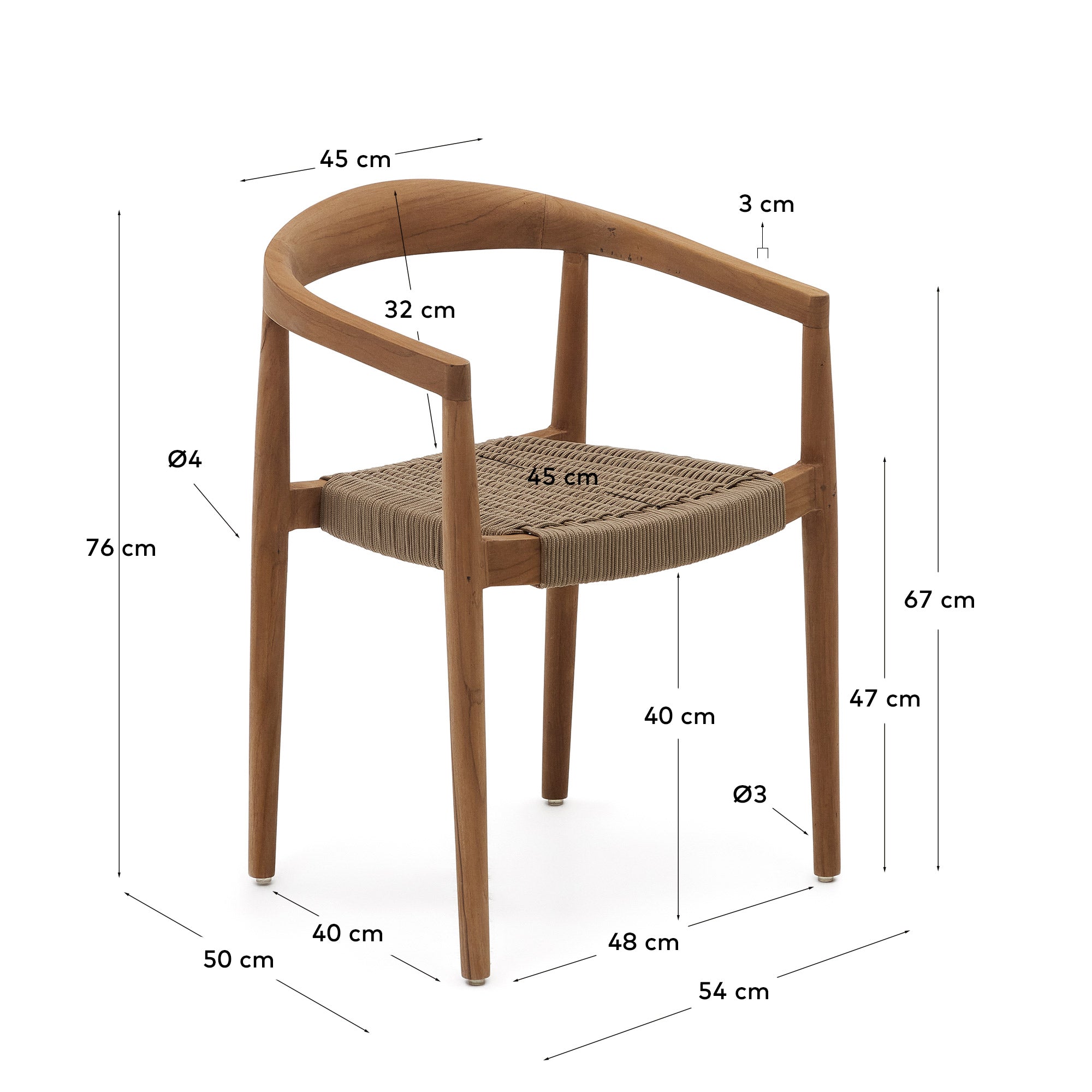 Ydalia stackable outdoor chair in solid teak wood with natural finish and beige rope - Measurements