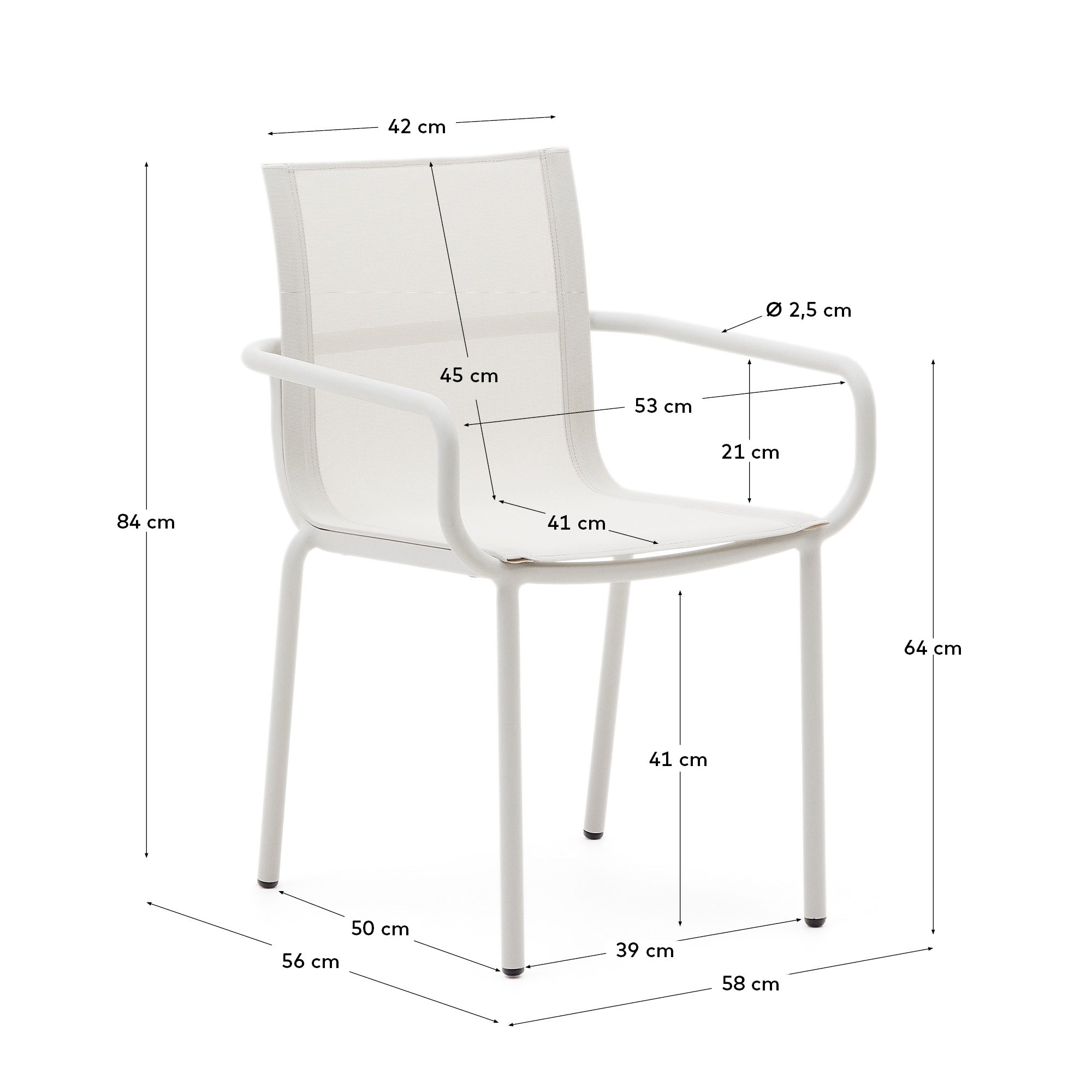 Galdana stackable outdoor chair made of aluminum with a light grey painted finish - Measurements