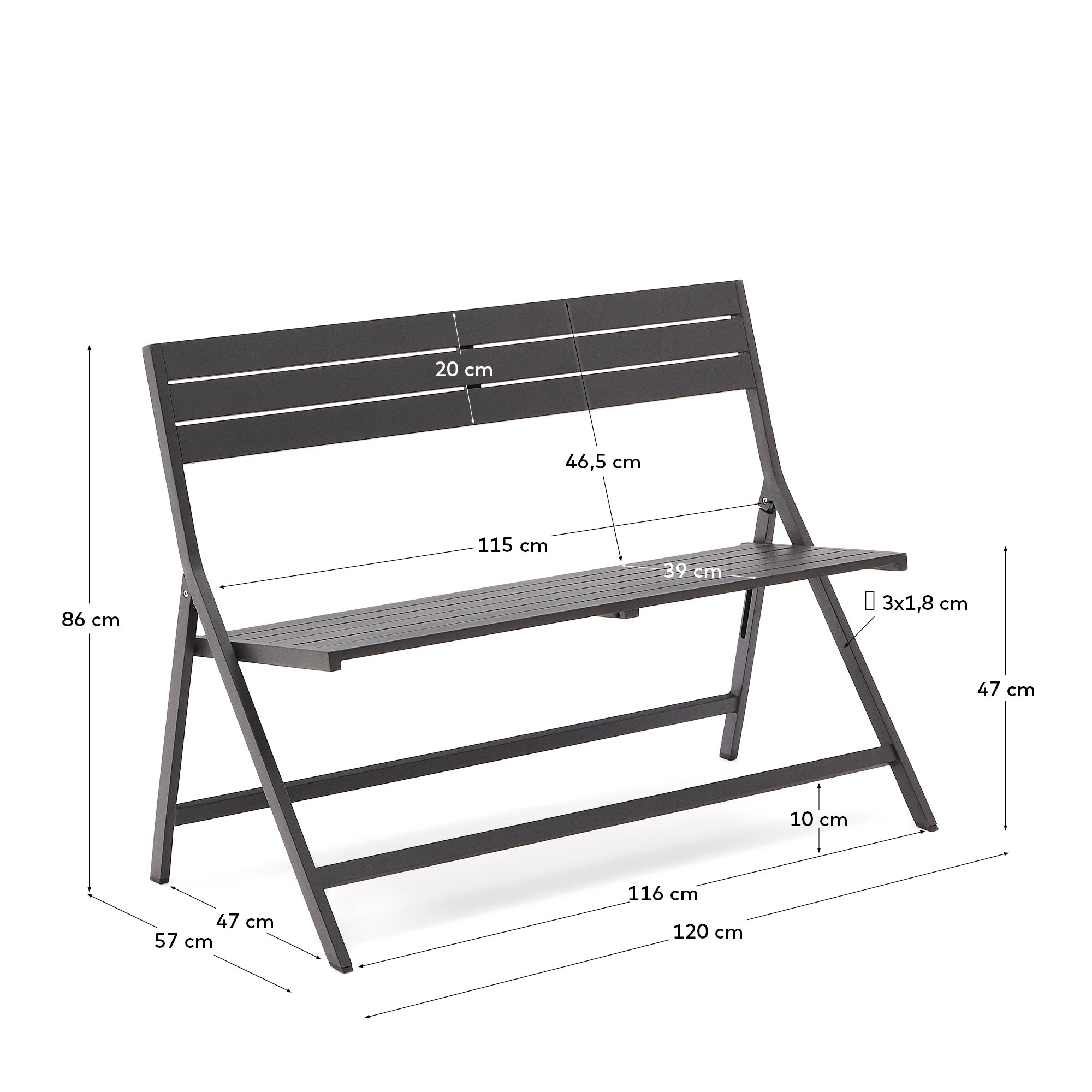 Folding outdoor Bench torreta made of aluminum with dark grey finish - Measurements