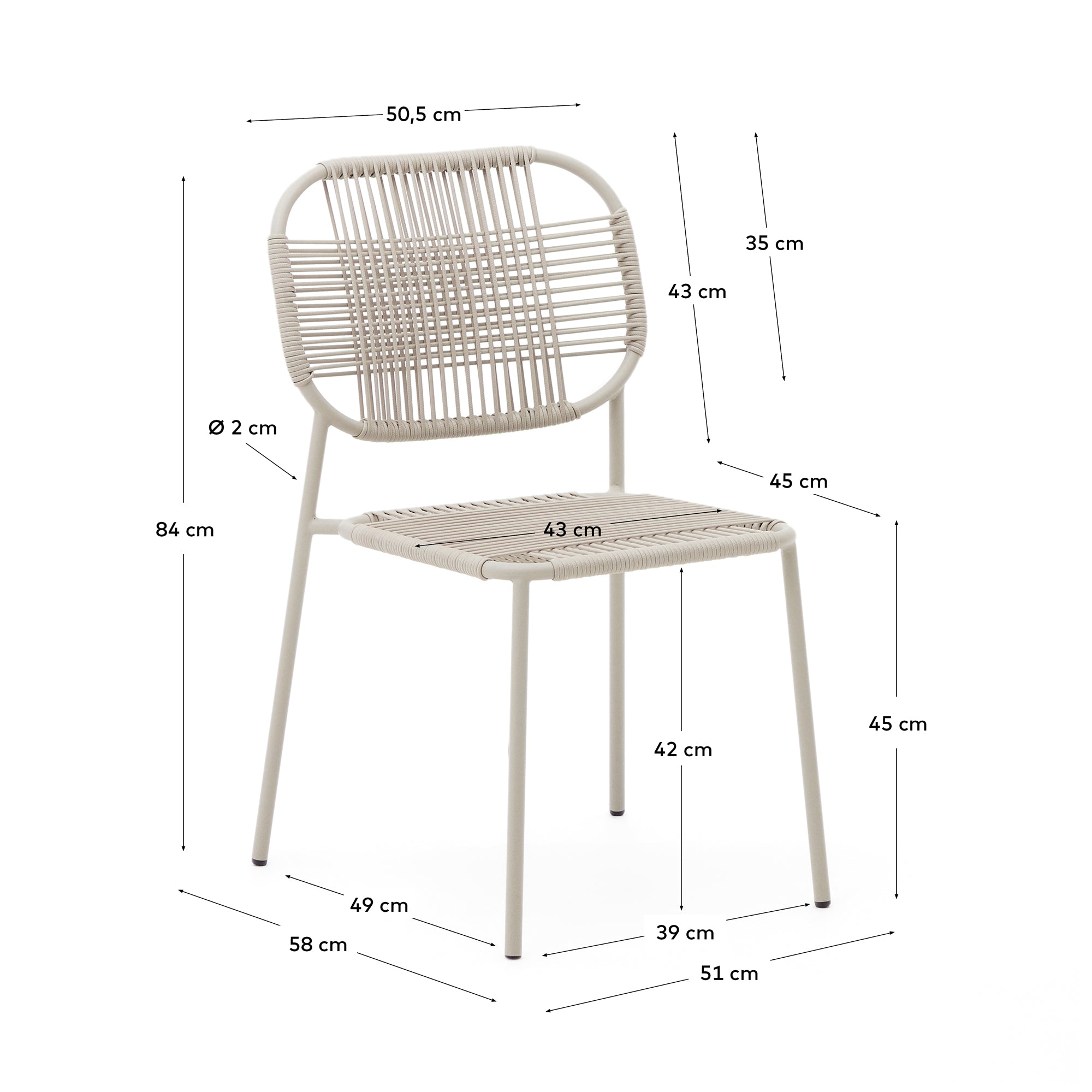 Talaier stackable outdoor chair  made of synthetic rope and galvanized steel in beige finish - Measurements