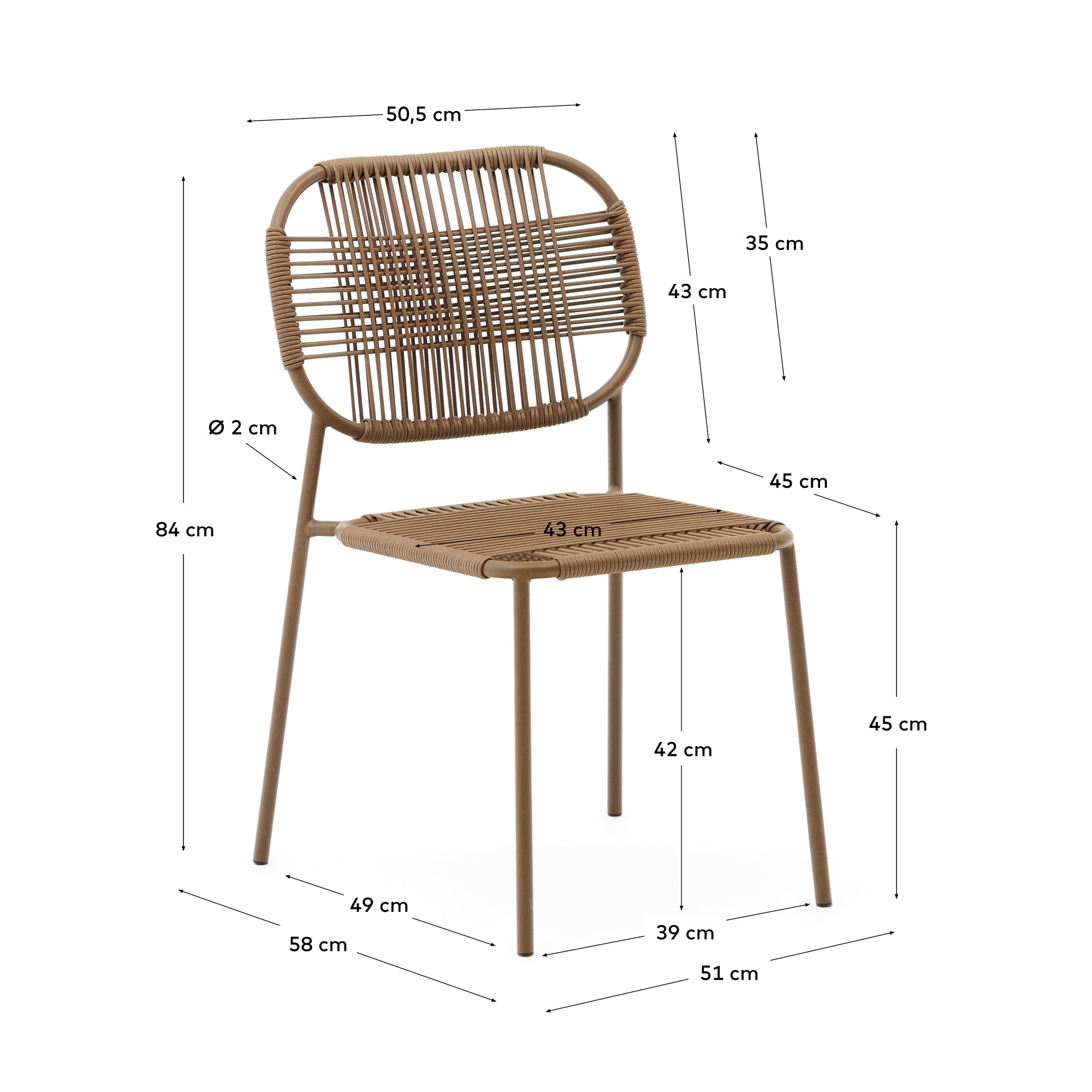 Talaier stackable outdoor chair made of synthetic rope and galvanized steel in brown finish - Measurements