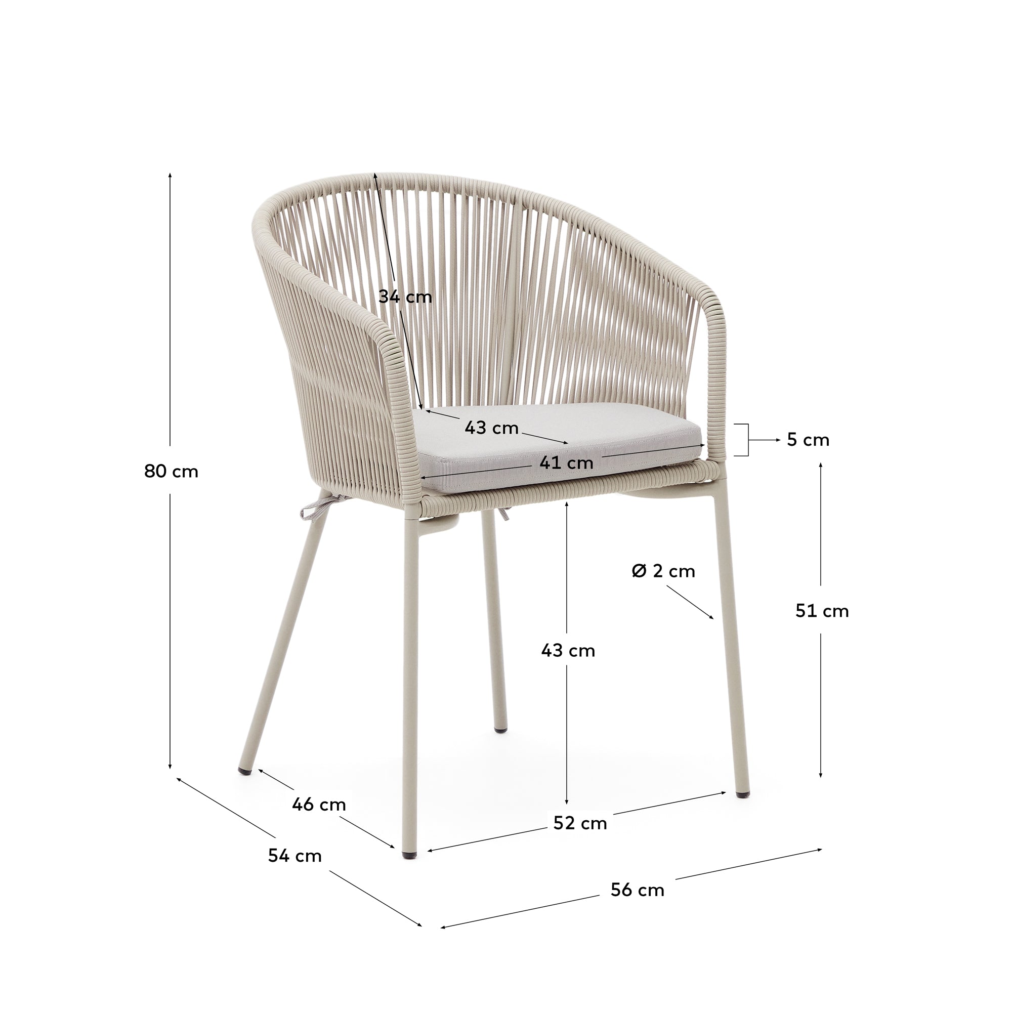 Yanet chair with synthetic rope in ecru and galvanized steel legs - Measurements