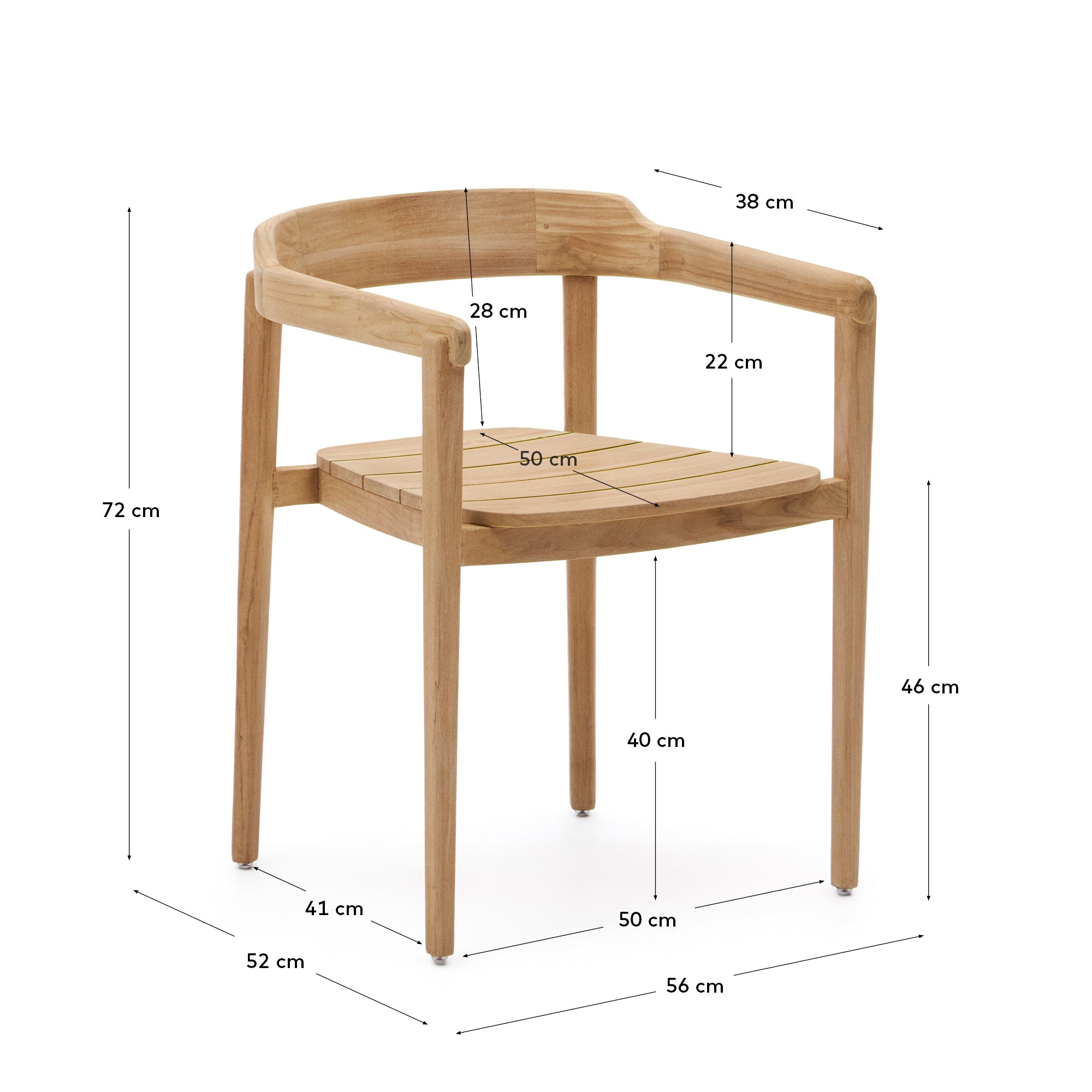 Icaro stackable solid teak wood chair in a natural finish, FSC 100% - Measurements