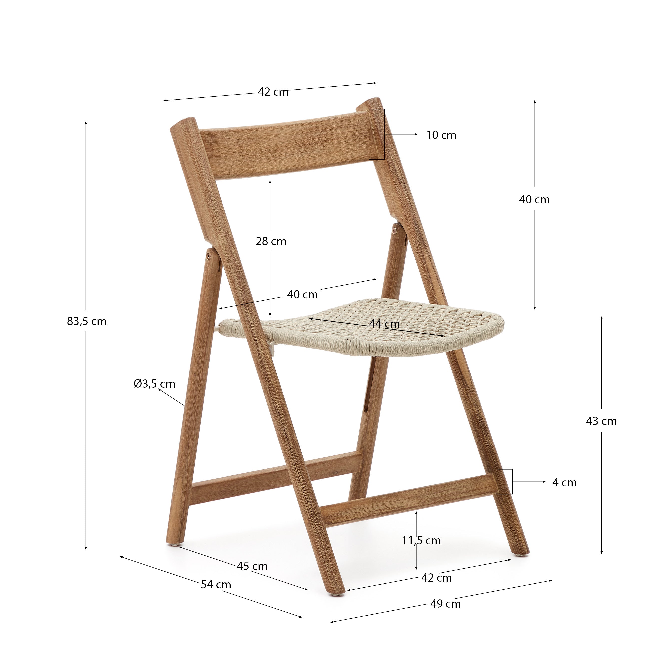 Dandara solid acacia wood folding chair, steel structure and white cord, FSC 100% - Measurements