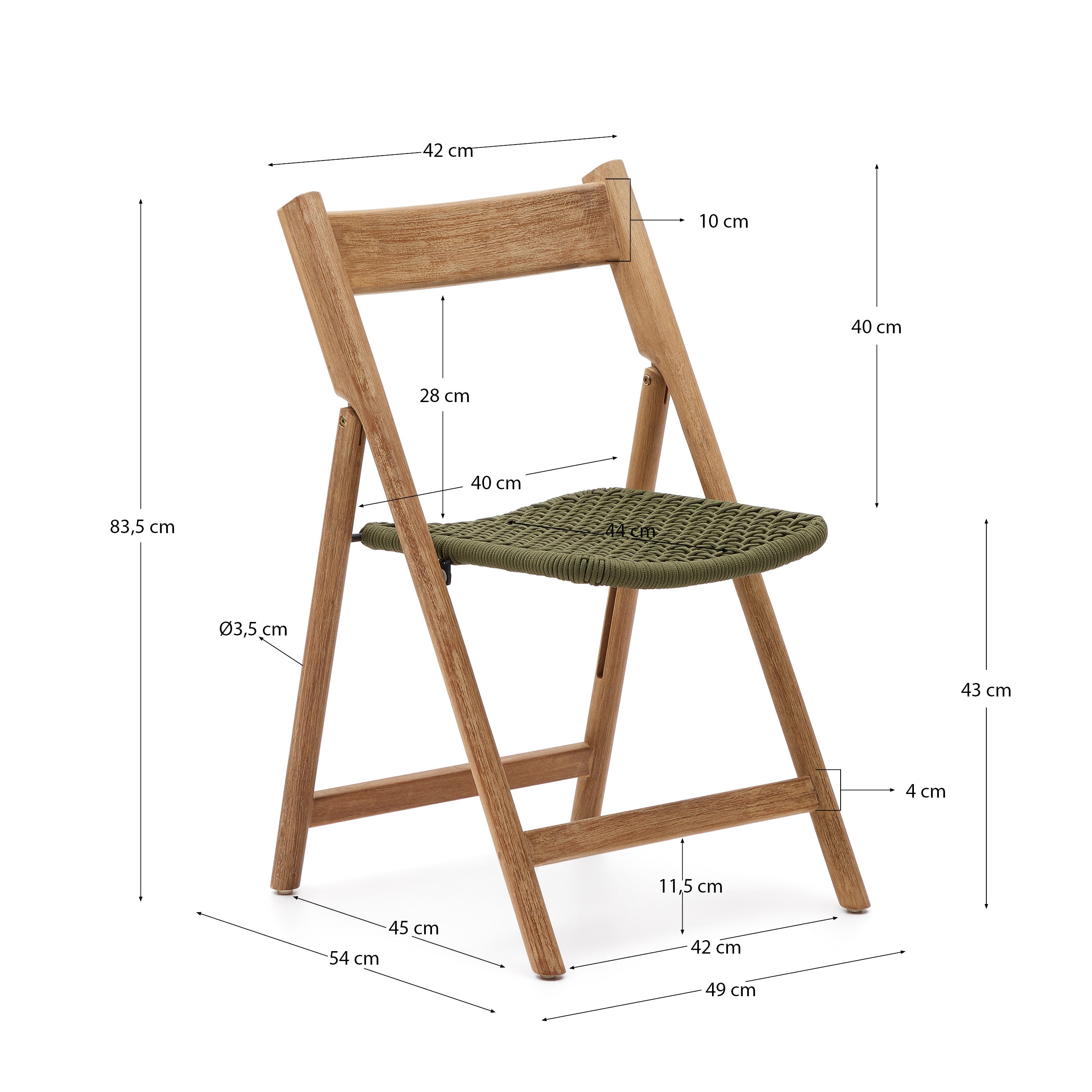 Dandara folding chair in solid acacia wood with steel structure and green cord FSC 100% - Measurements