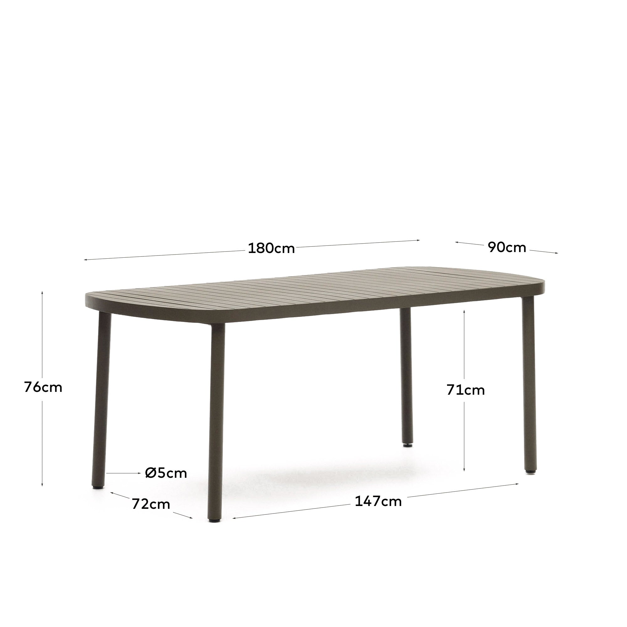 Joncols outdoor aluminium table with a powder coated green finish, 180 x 90 cm - Measurements