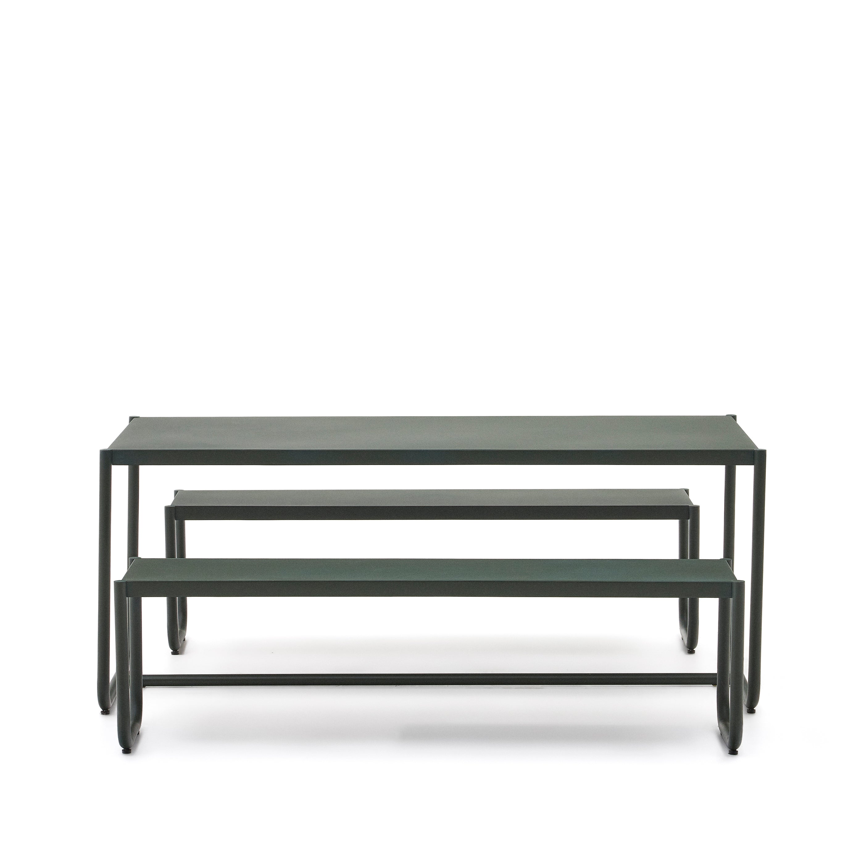 Sotil Set of 2 Benches and Galvanized Steel Table with Green Finish 183 x 83 cm - Product Image
