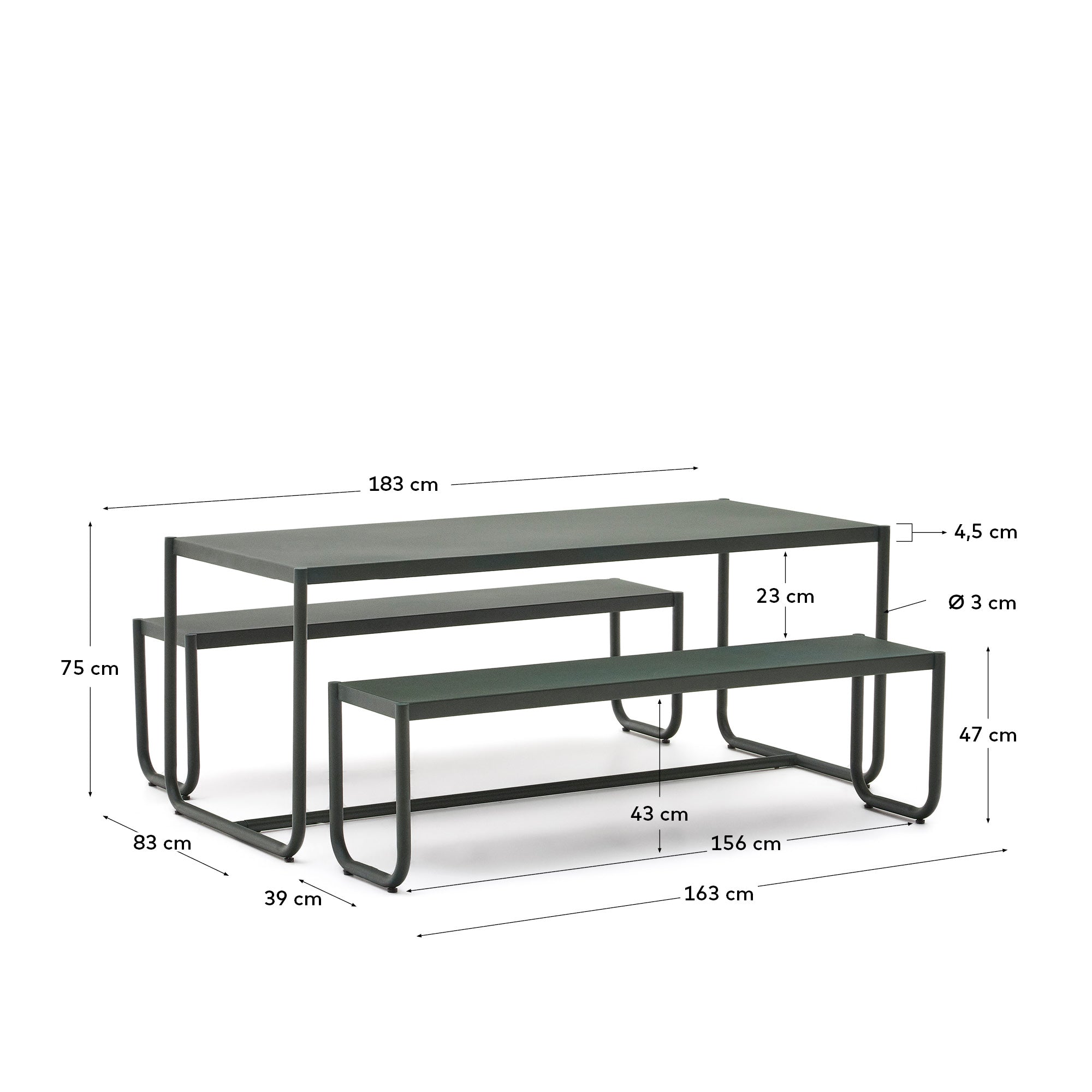 Sotil Set of 2 Benches and Galvanized Steel Table with Green Finish 183 x 83 cm - Measurements