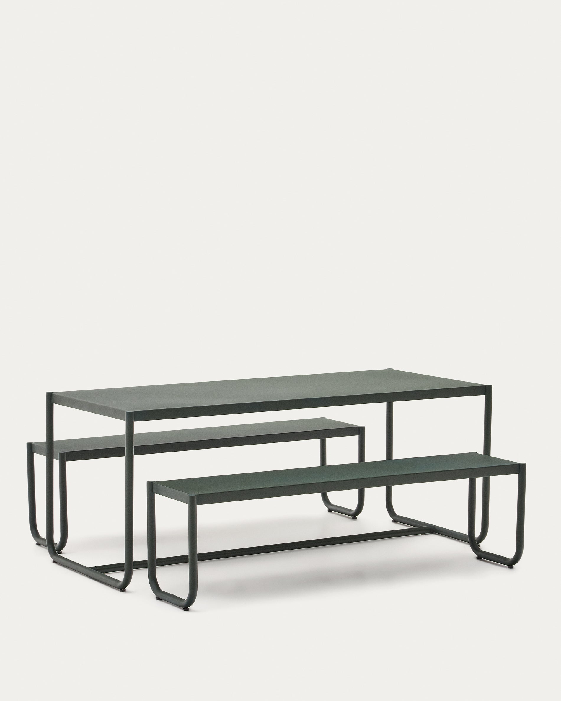 Sotil Set of 2 Benches and Galvanized Steel Table with Green Finish 183 x 83 cm - Product View