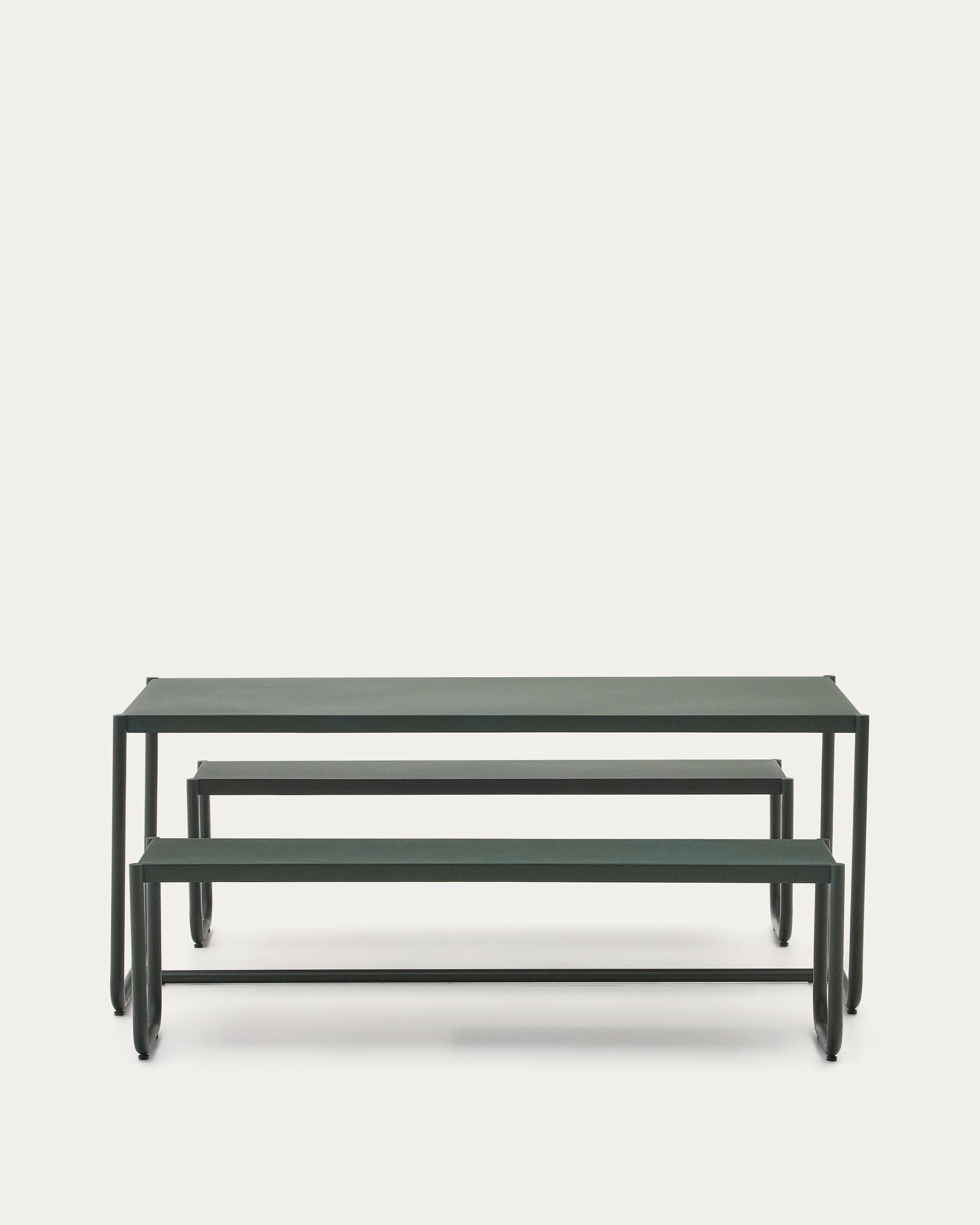 Sotil Set of 2 Benches and Galvanized Steel Table with Green Finish 183 x 83 cm - Product View