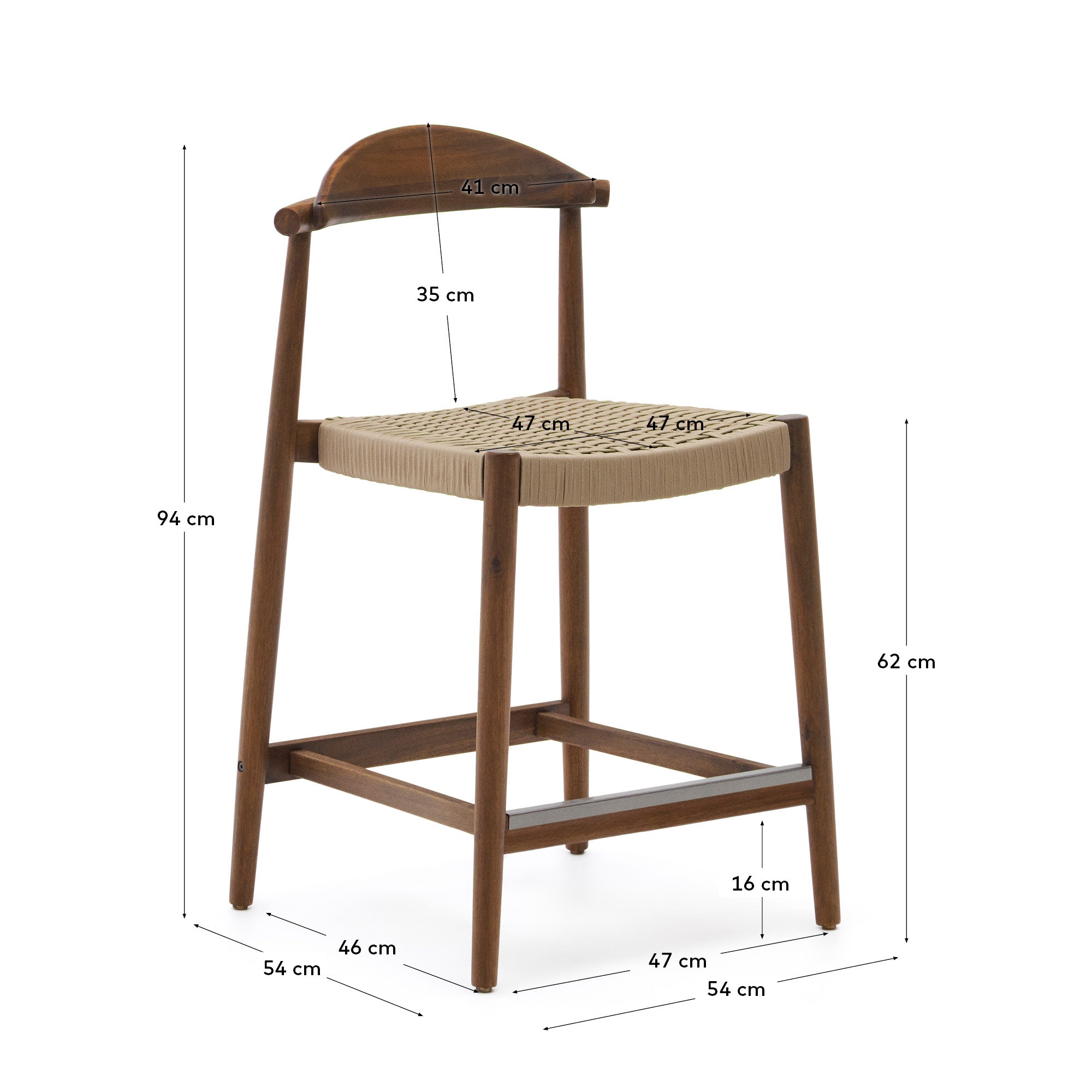 Nina solid acacia wood stool with walnut finish and beige rope height 62 cm - Measurements