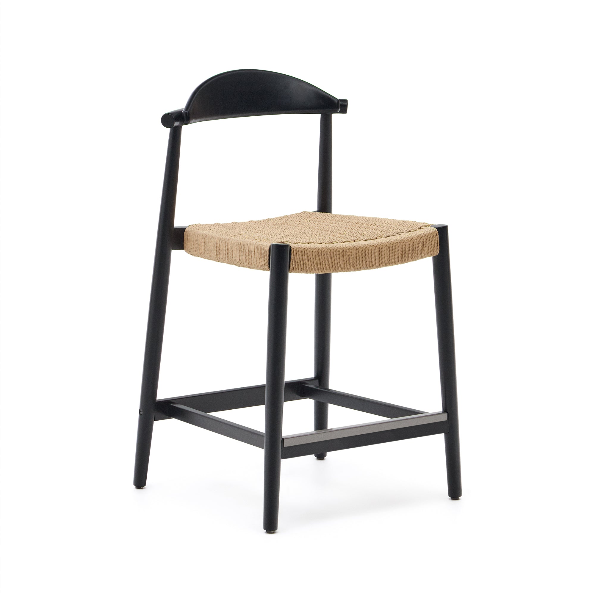 Nina stool, solid acacia wood, black finish and beige rope, height 62 cm