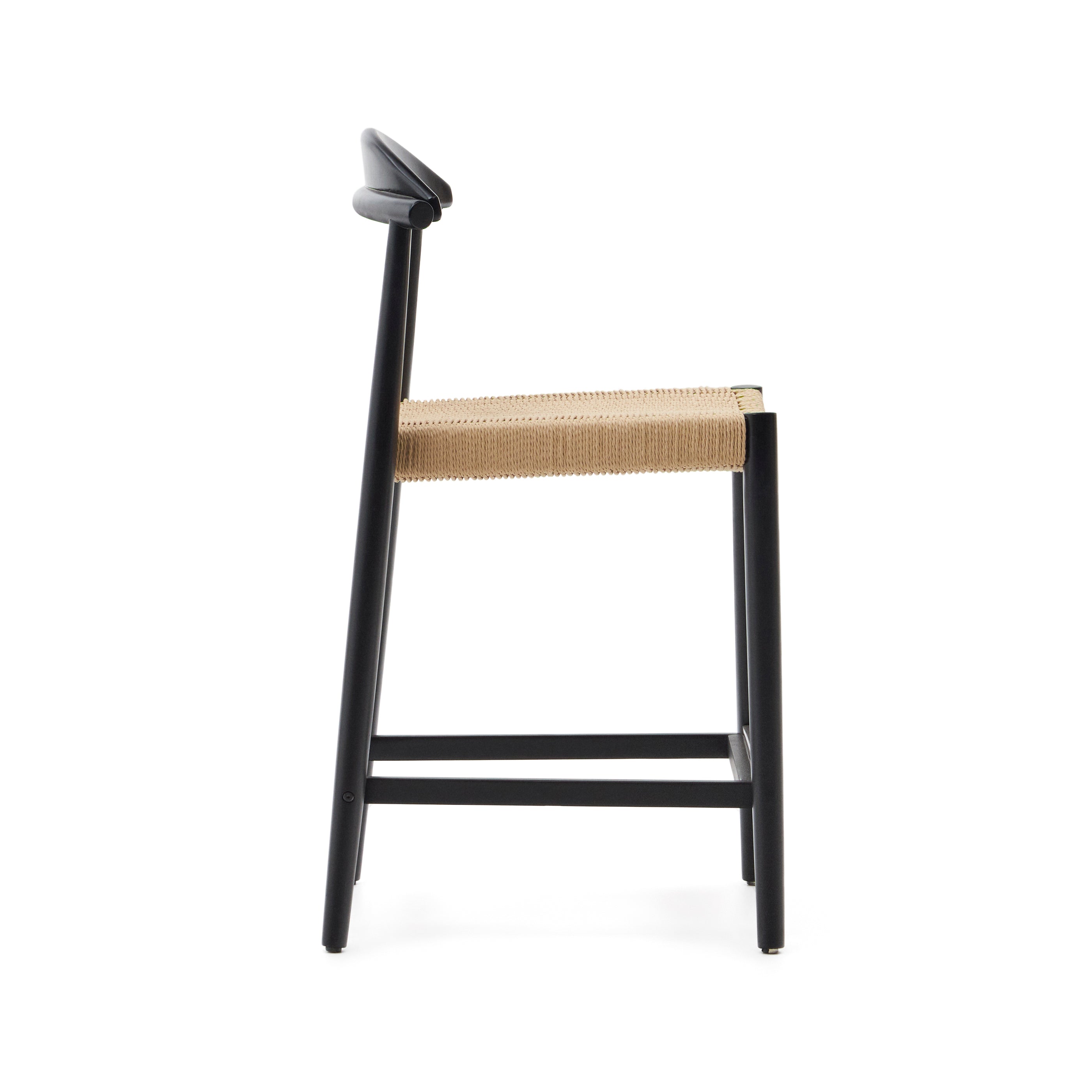 Nina stool, solid acacia wood, black finish and beige rope, height 62 cm