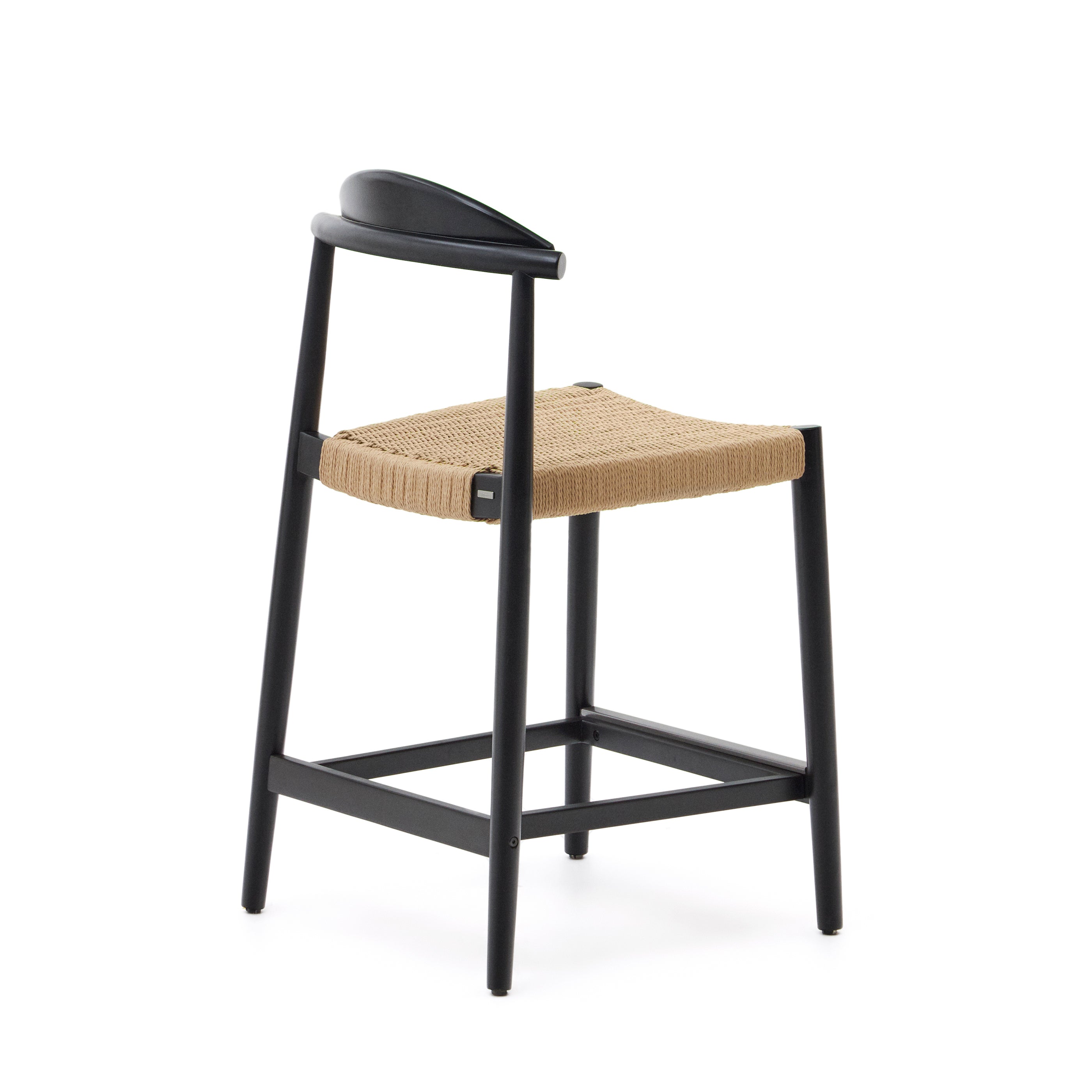 Nina stool, solid acacia wood, black finish and beige rope, height 62 cm