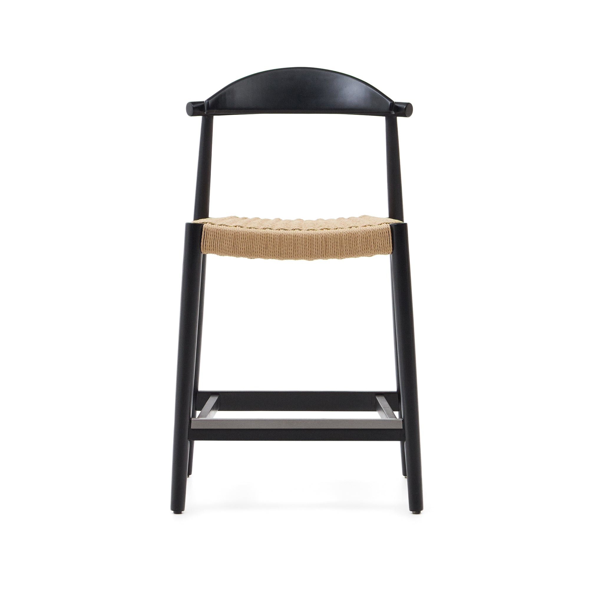 Nina stool, solid acacia wood, black finish and beige rope, height 62 cm