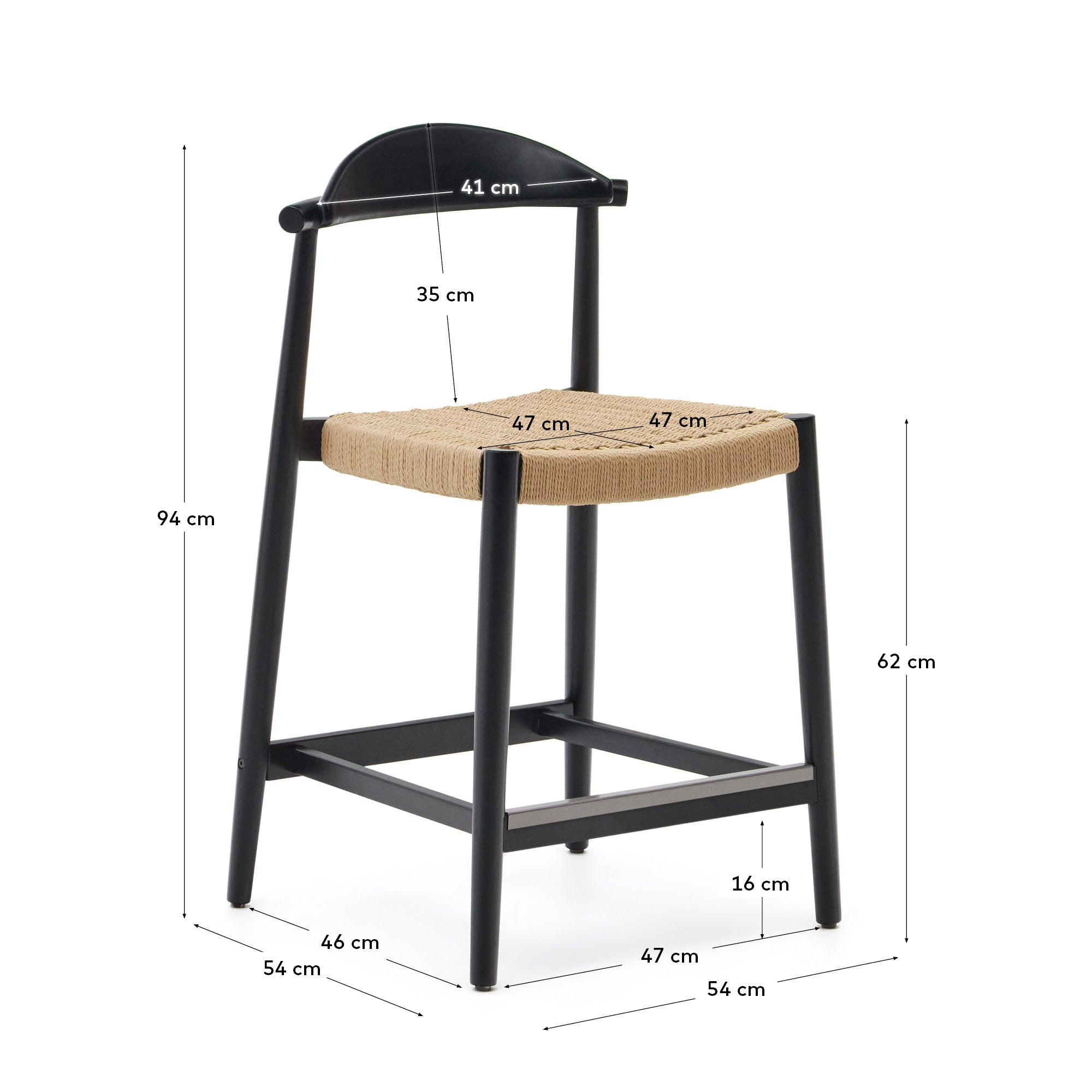 Nina stool made of solid acacia wood with black finish and beige rope height 62 cm - Measurements