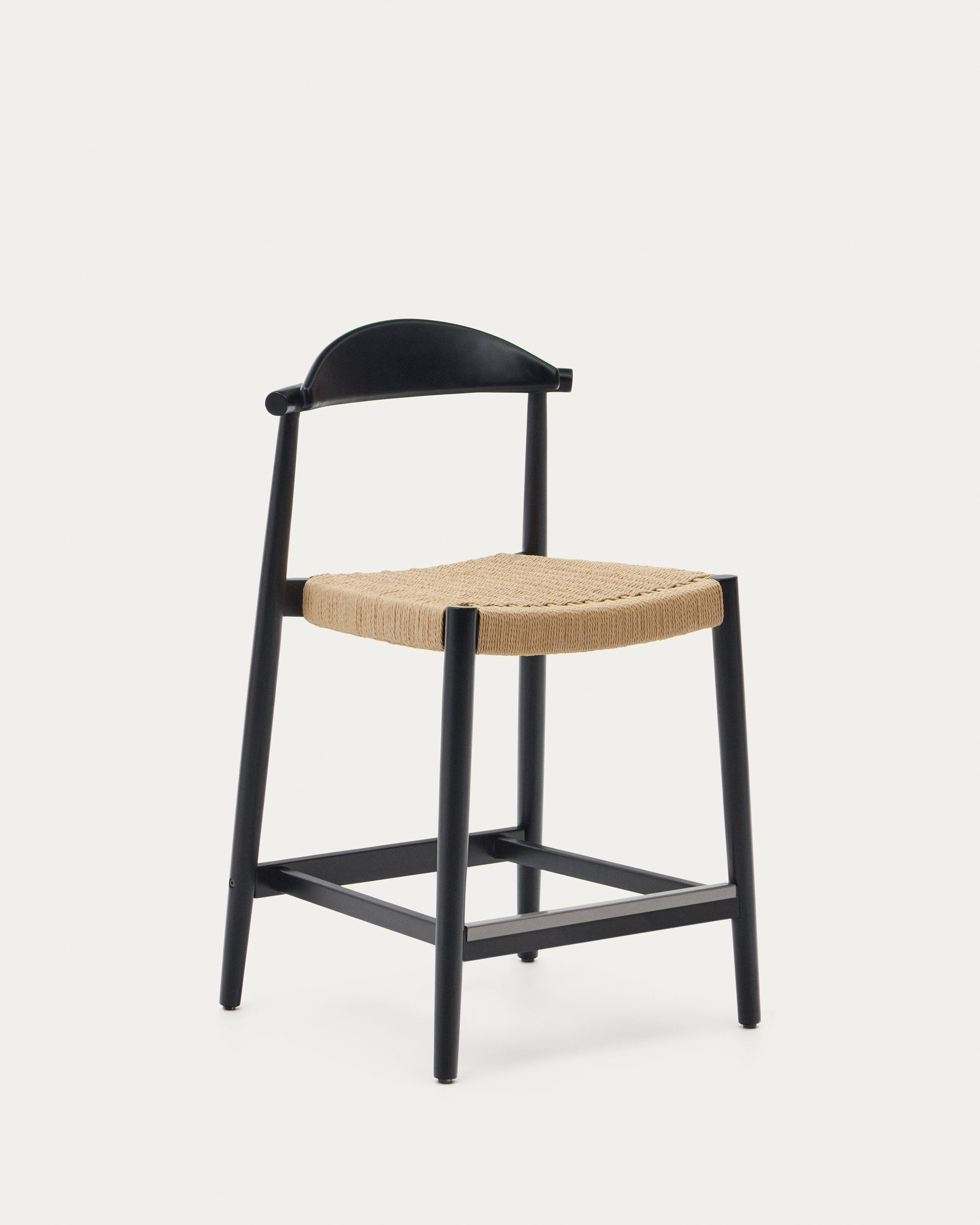 Nina stool, solid acacia wood, black finish and beige rope, height 62 cm