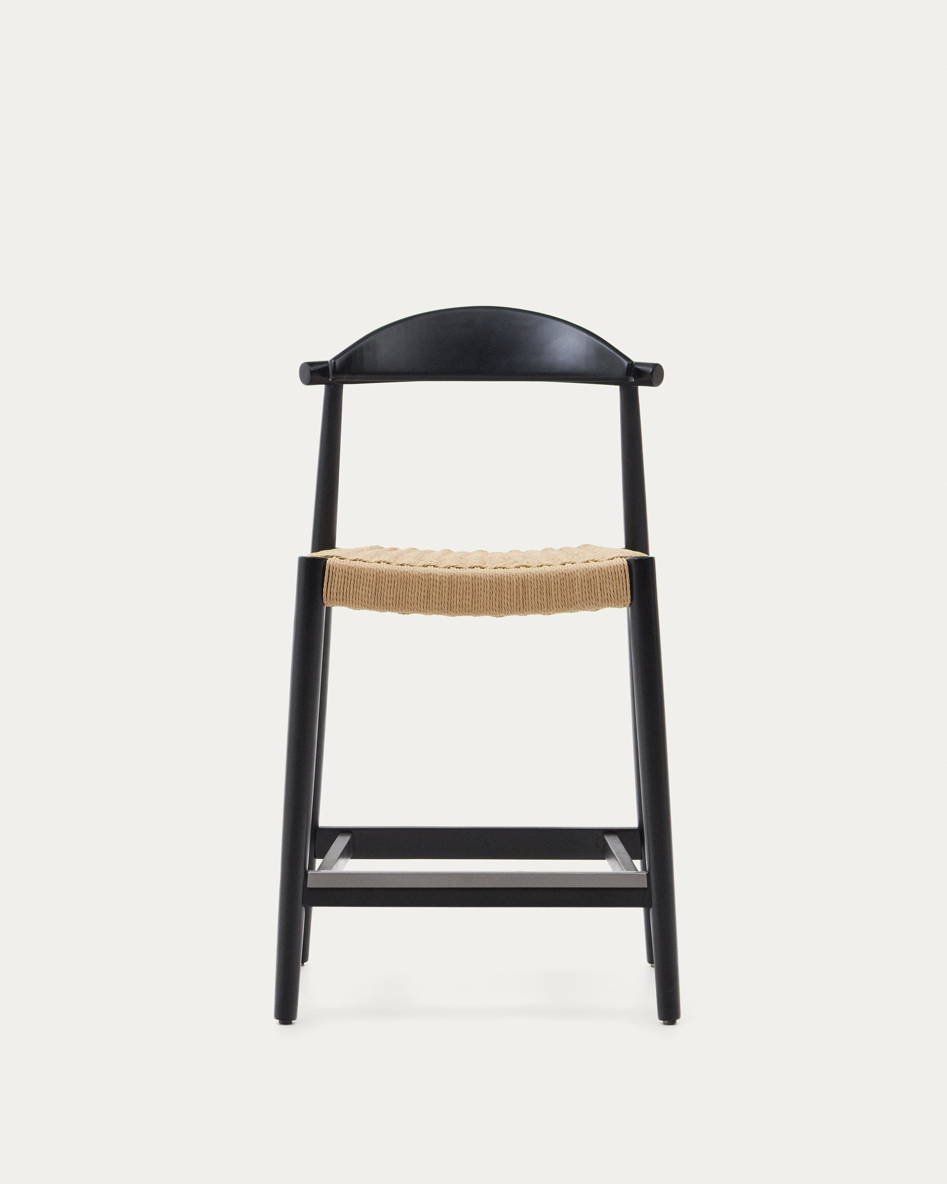 Nina stool, solid acacia wood, black finish and beige rope, height 62 cm