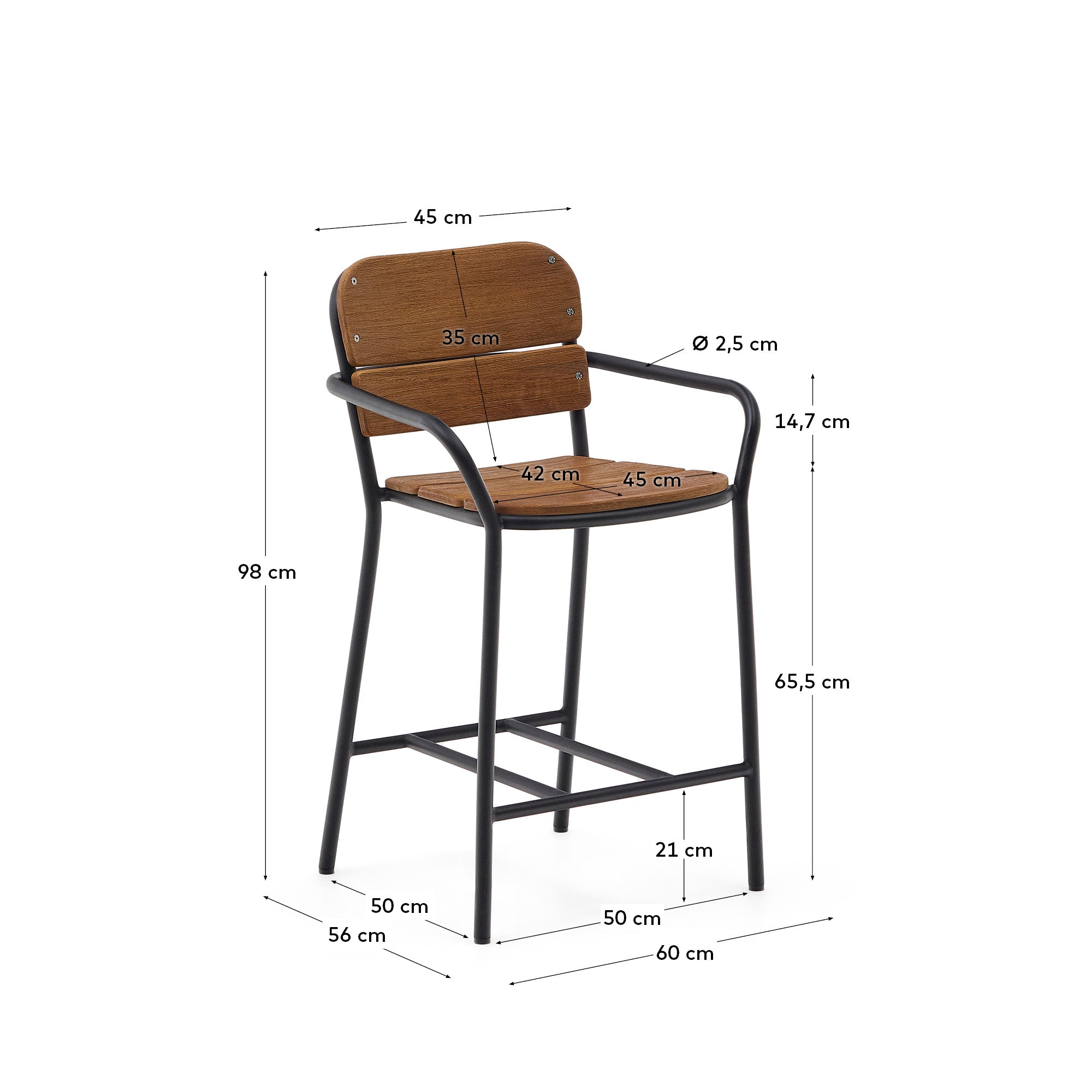 Algueret Stool Solid Eucalyptus Wood Natural Finish and Black Aluminum 65 cm FSC 100% - Measurements