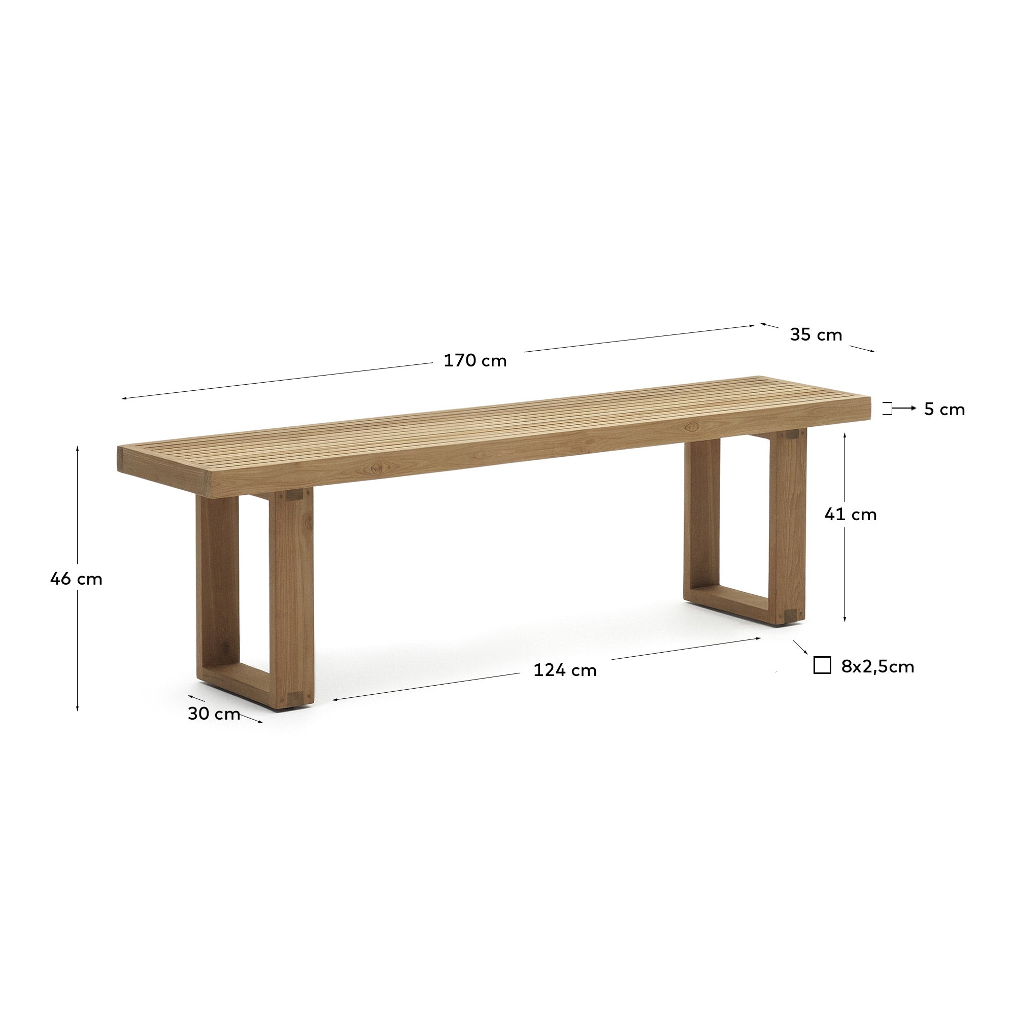 Canadell 100% outdoor solid recycled teak bench, 170 cm - Measurements