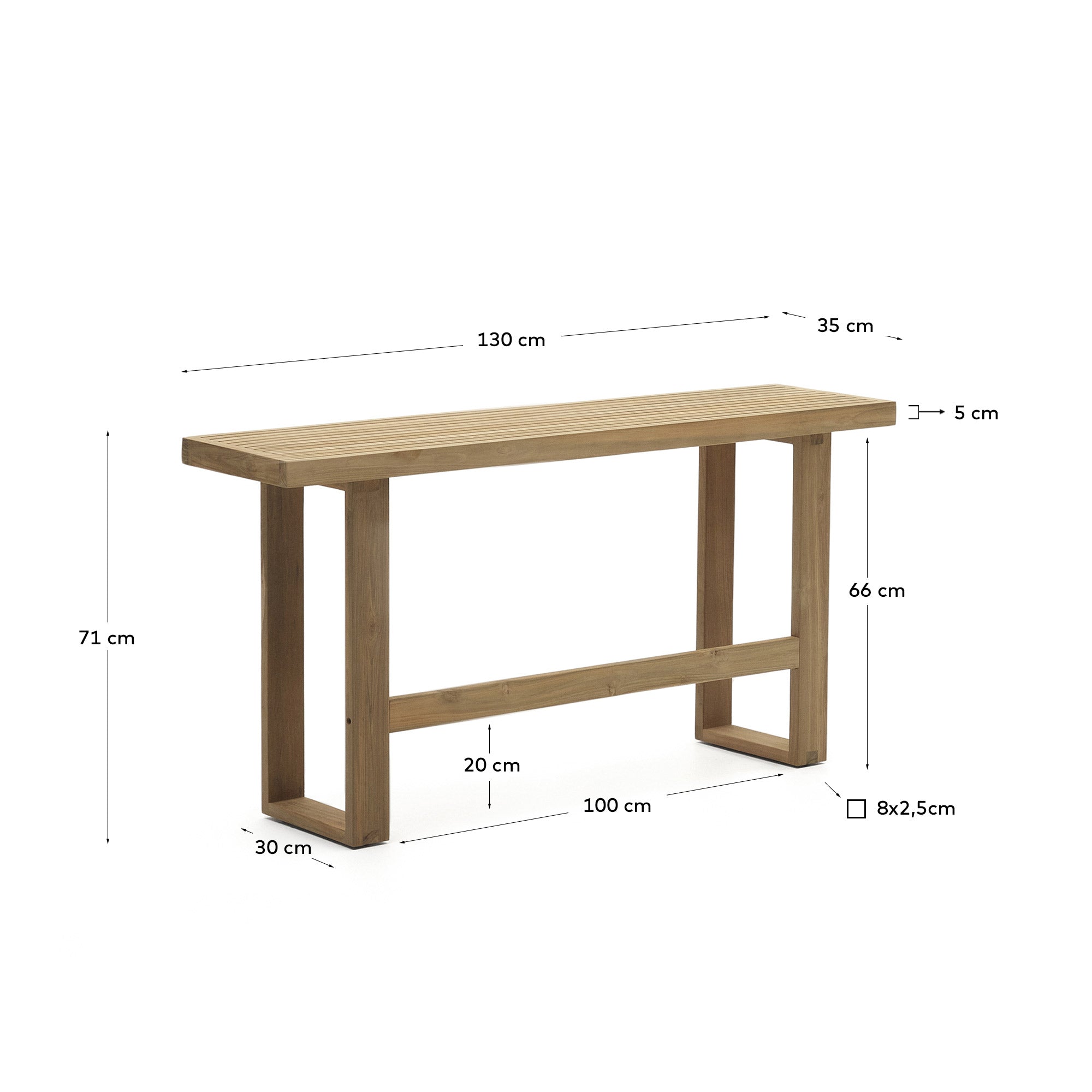 Canadell 100% outdoor solid recycled teak tall bench, 130 cm - Measurements