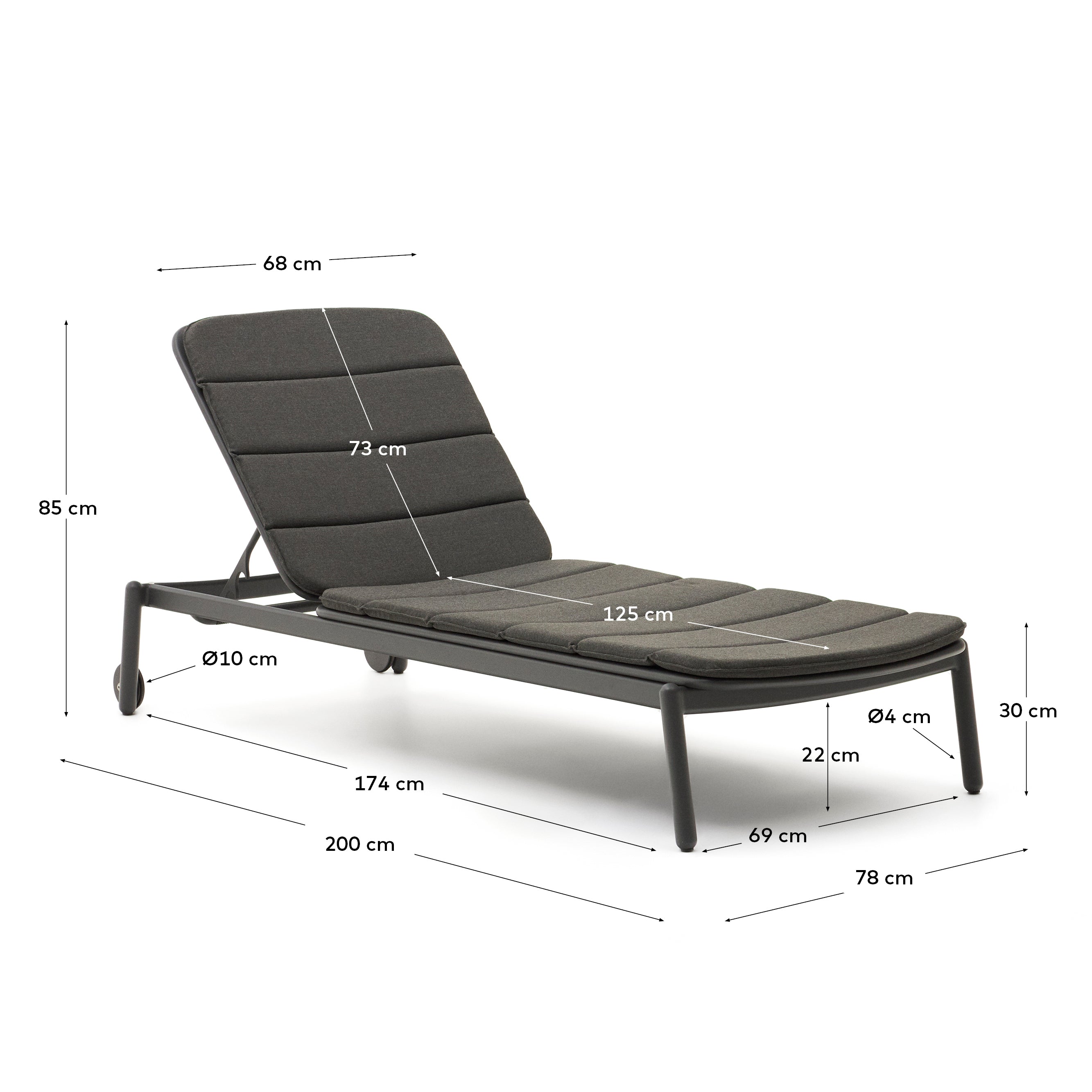 Marcona aluminium sun lounger in a black paint finish - Measurements