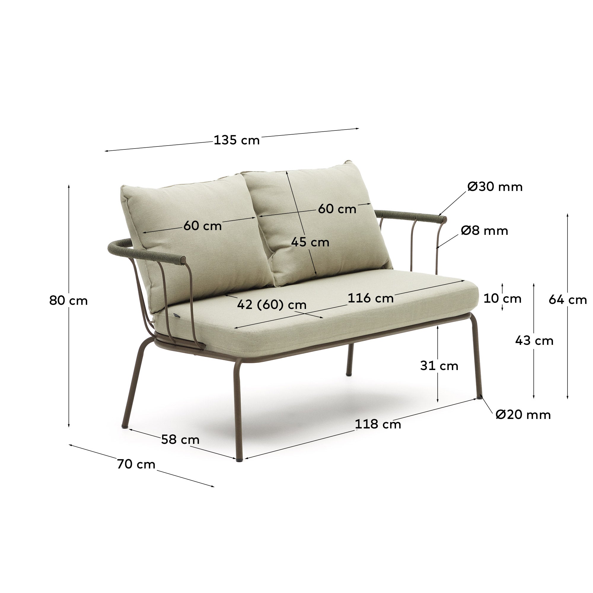Salguer sofa in green cord and steel with a brown painted finish, 134 cm - Measurements