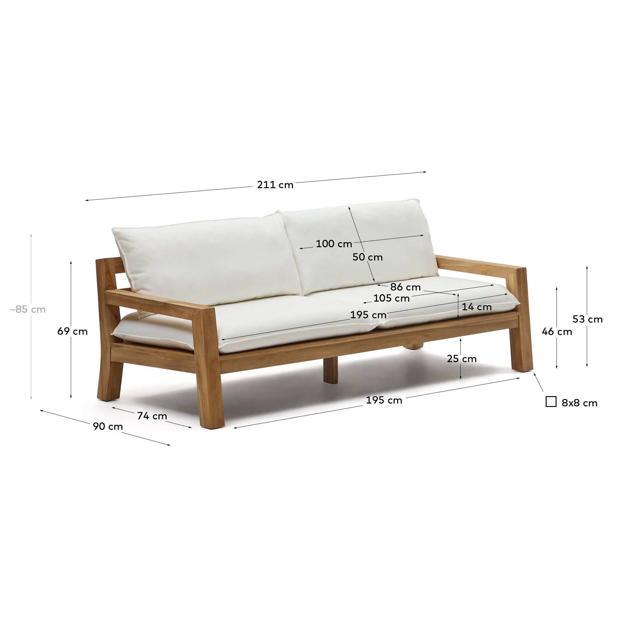 Forcanera 3 seater solid teak sofa, 211 cm - Measurements