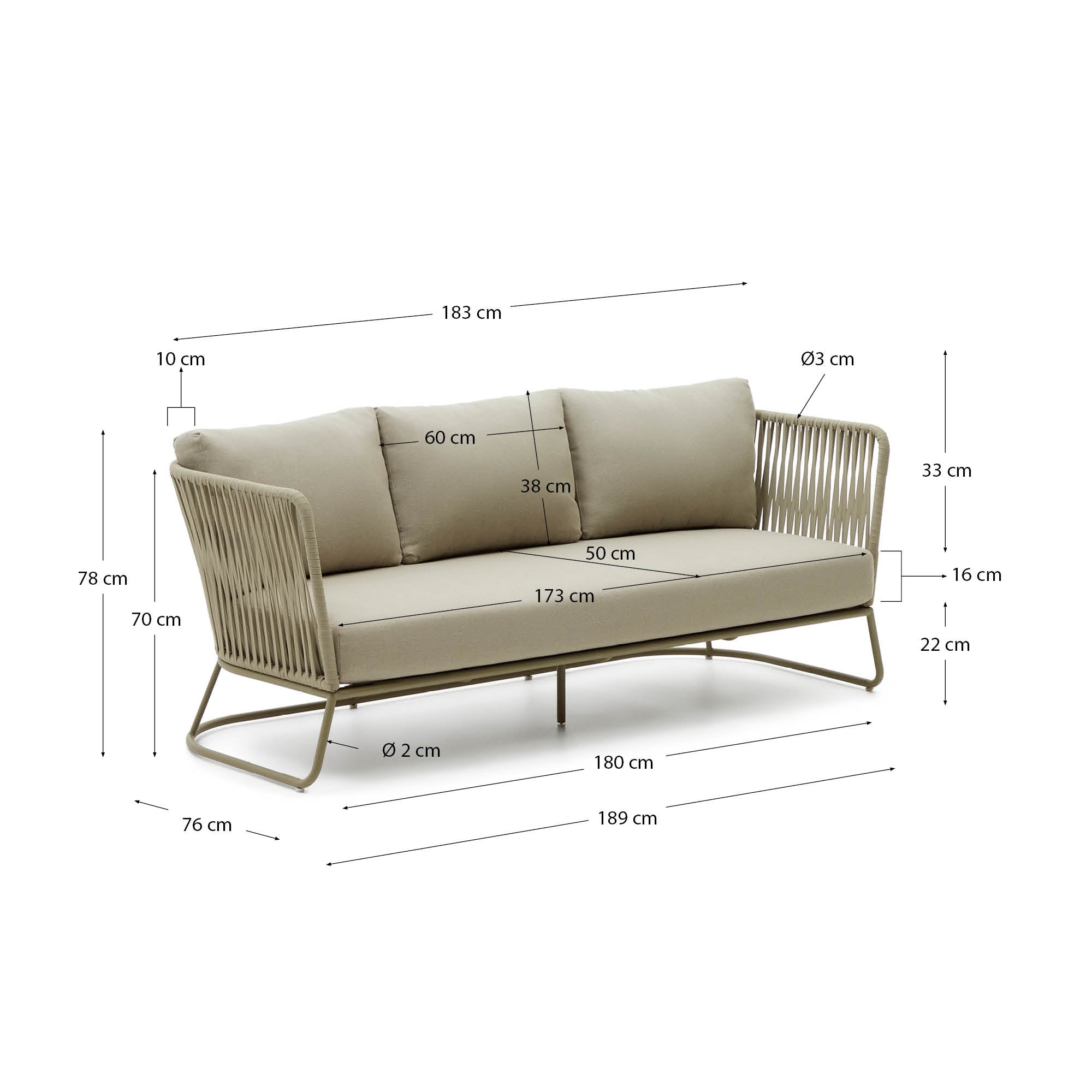 Saconca 3-seater outdoor sofa made of cord and green galvanised steel, 189 cm - Measurements