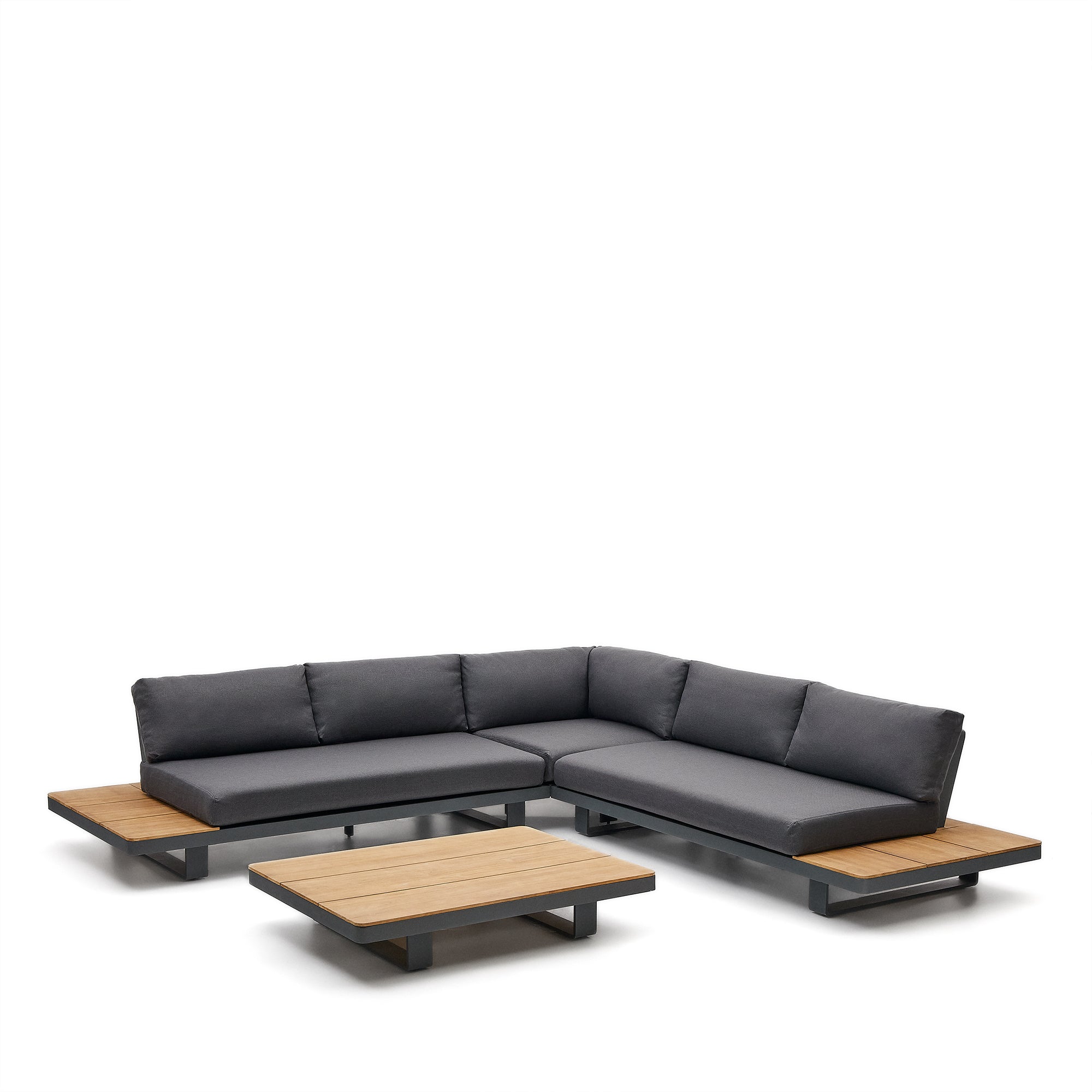 Tosqueta 5-seat corner sofa and table set in aluminum and solid teak, 100% FSC