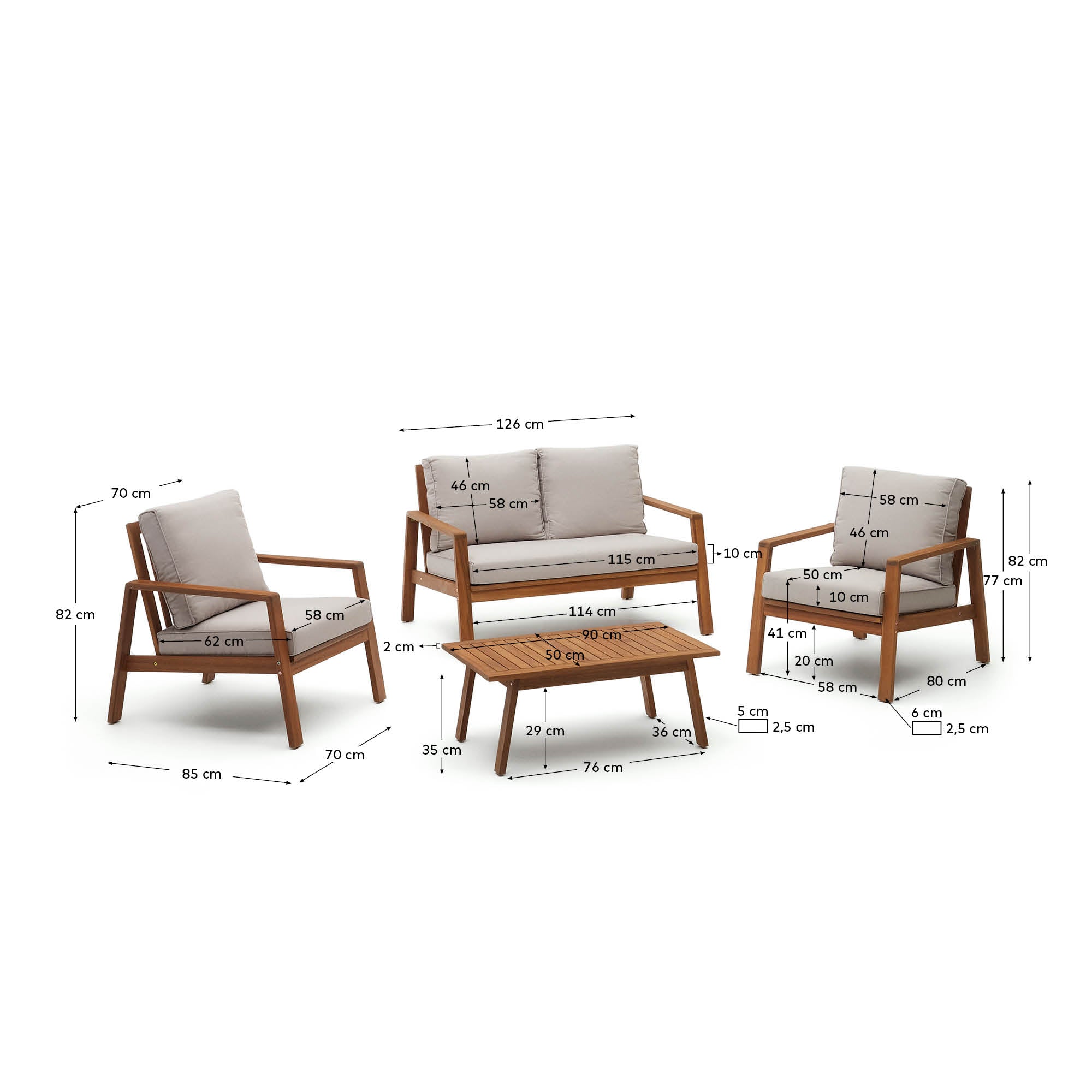 Frares set, 2 seater sofa, 2 armchairs & coffee table, made from solid acacia wood - Measurements