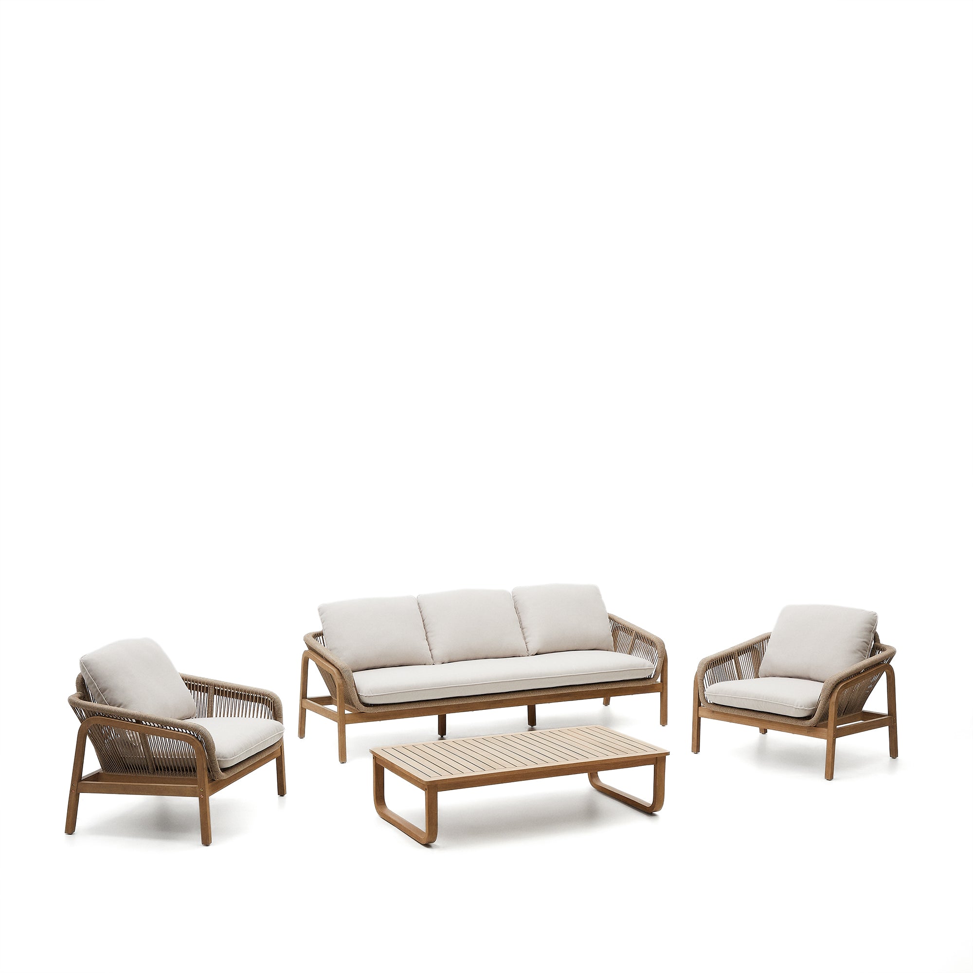 Vellana set: 3-person sofa, 2 armchairs and coffee table made of 100% FSC certified solid acacia wood