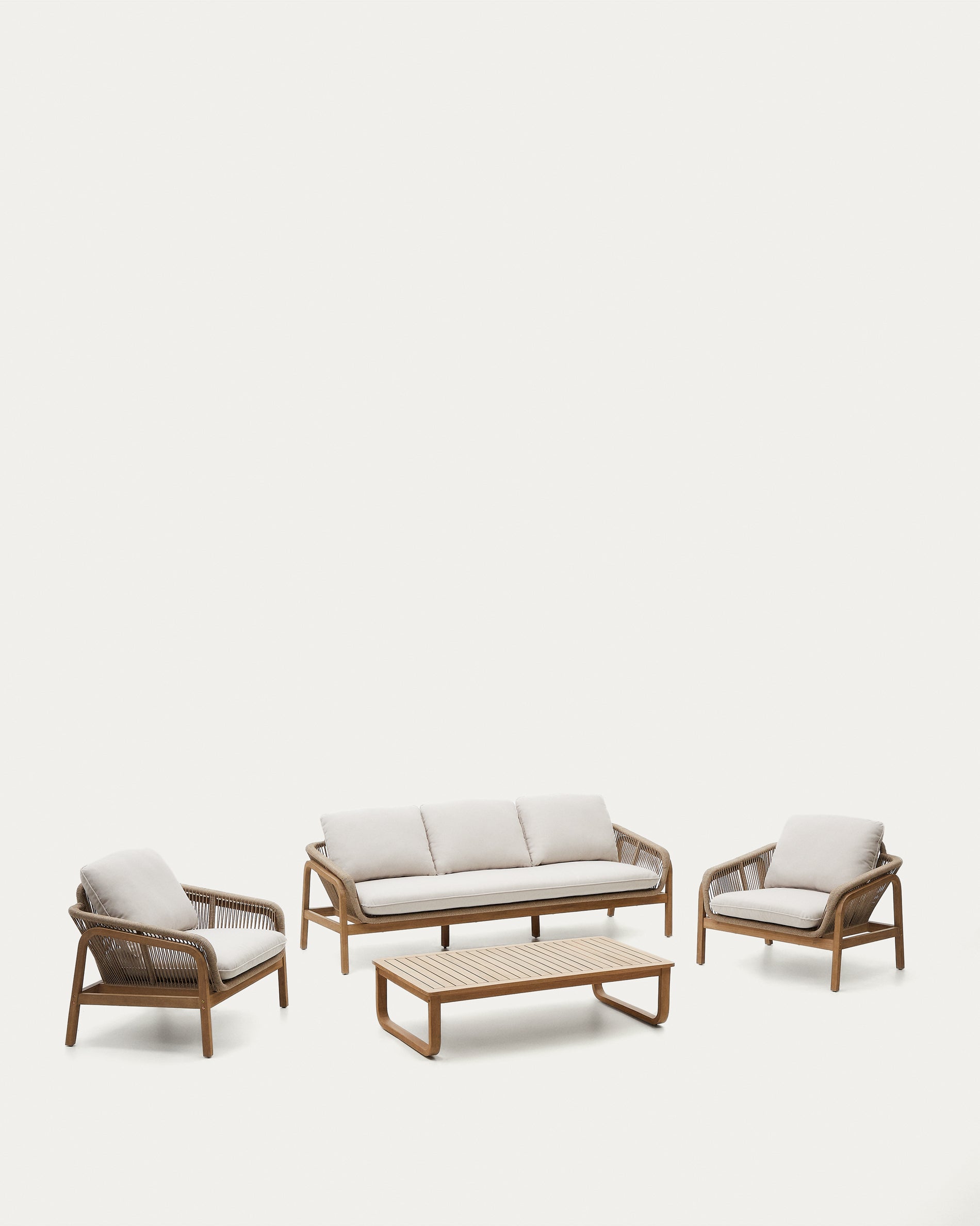 Vellana set: 3-person sofa, 2 armchairs and coffee table made of 100% FSC certified solid acacia wood