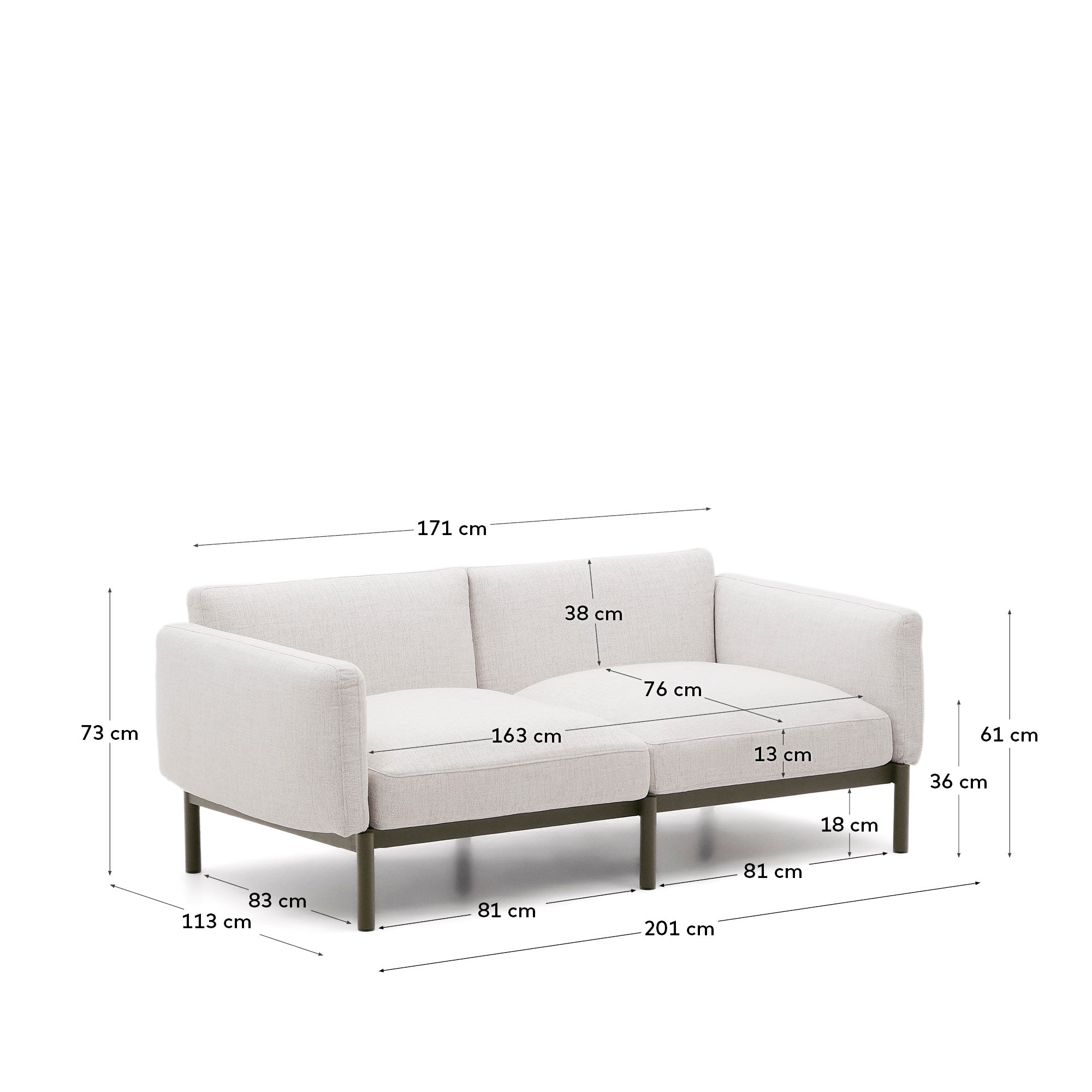 Sorells 2-seater modular outdoor sofa in aluminium with green finish 201 cm - Measurements