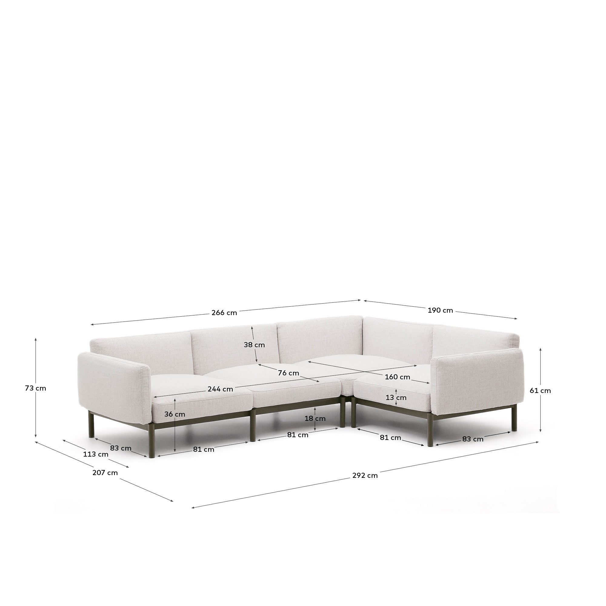 Sorells modular 5-seater outdoor corner sofa in aluminium with green finish 276 x 191,5 cm - Measurements